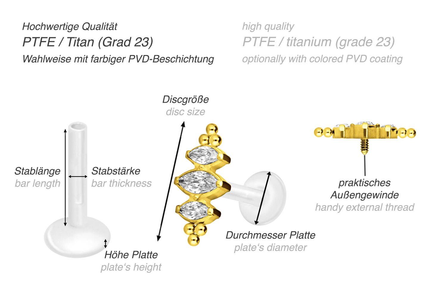 PTFE Labret mit Innengewinde + Titan-Aufsatz 3 KRISTALLTROPFEN + KUGELN