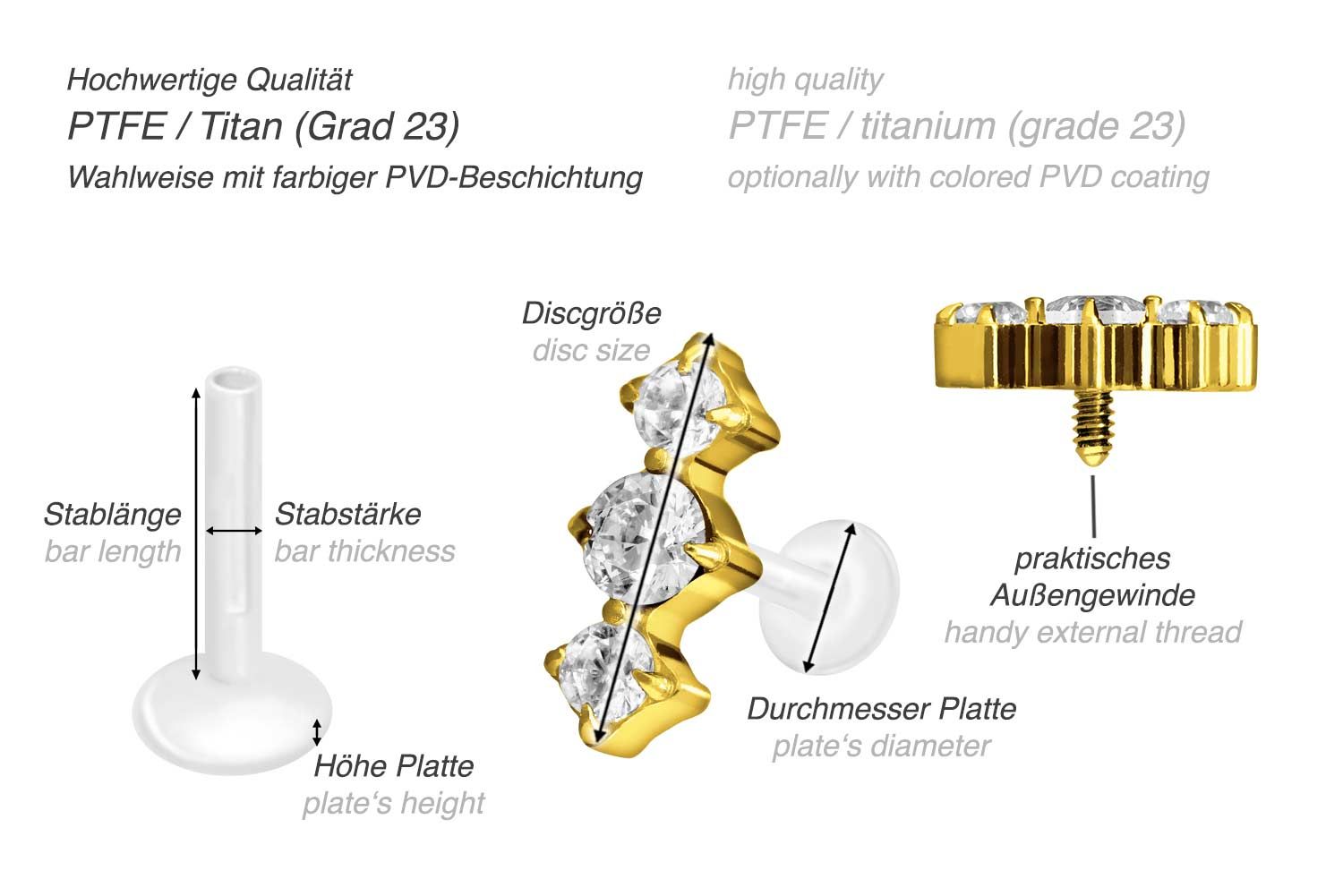 PTFE Labret mit Innengewinde + Titan-Aufsatz 3 EINGEFASSTE KRISTALLE