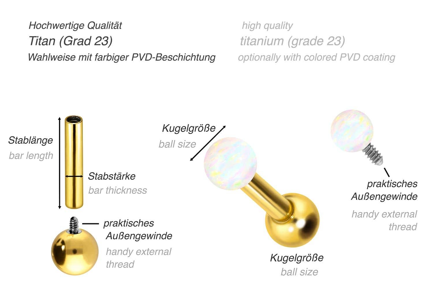 Titanum ear piercing with internal thread SYNTHETIC OPAL