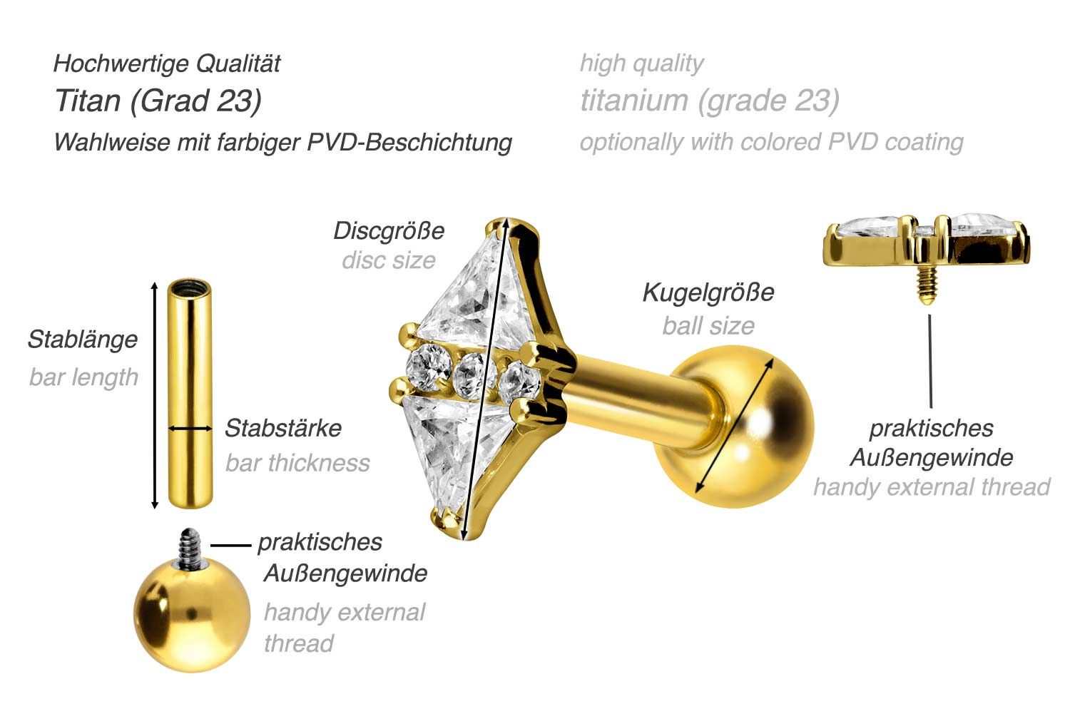 Titanium ear piercing with internal thread CRYSTAL RHOMBUS