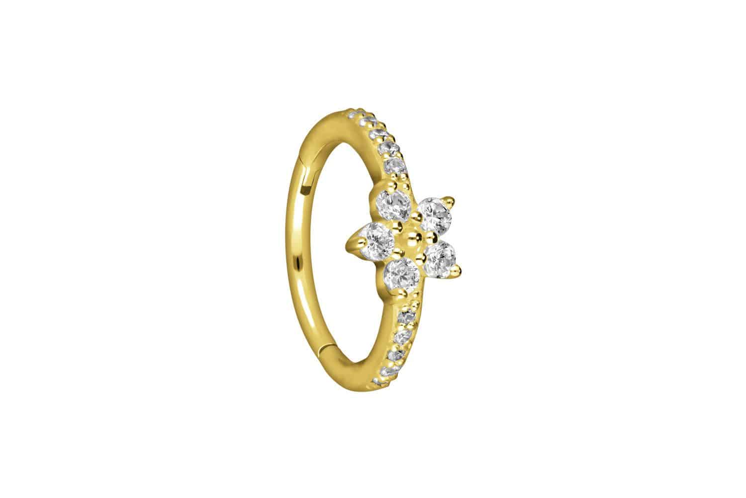 18 carat gold segment ring clicker CRYSTAL FLOWER + SETTED CRYSTALS