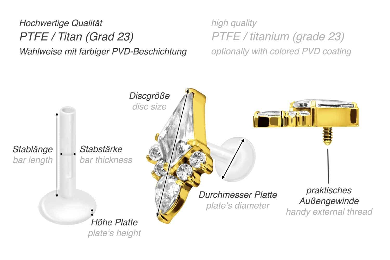 PTFE Labret mit Innengewinde + Titan-Aufsatz KRISTALLSCHILD