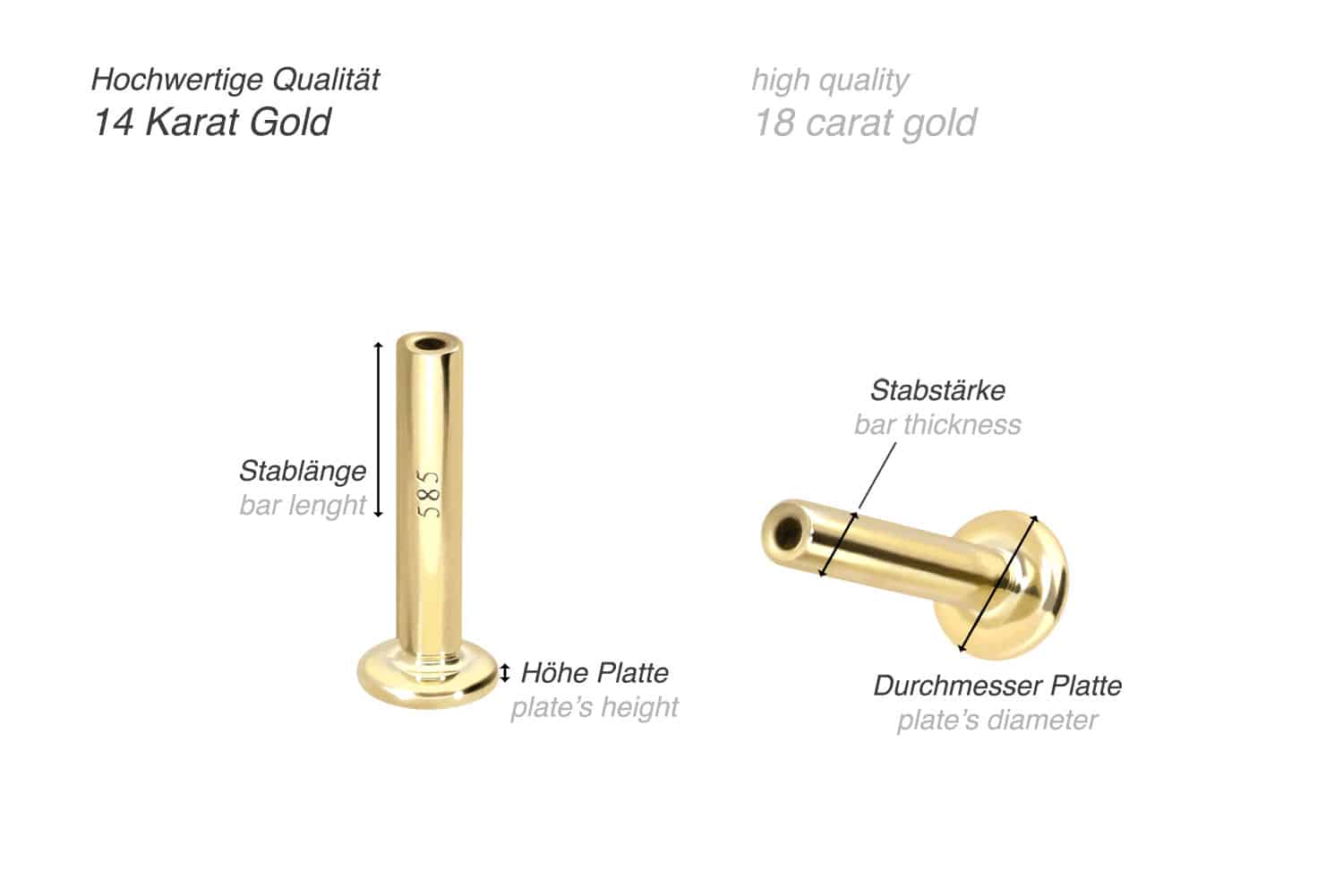 14 Karat Gold Labret mit Push Fit ohne Aufsatz