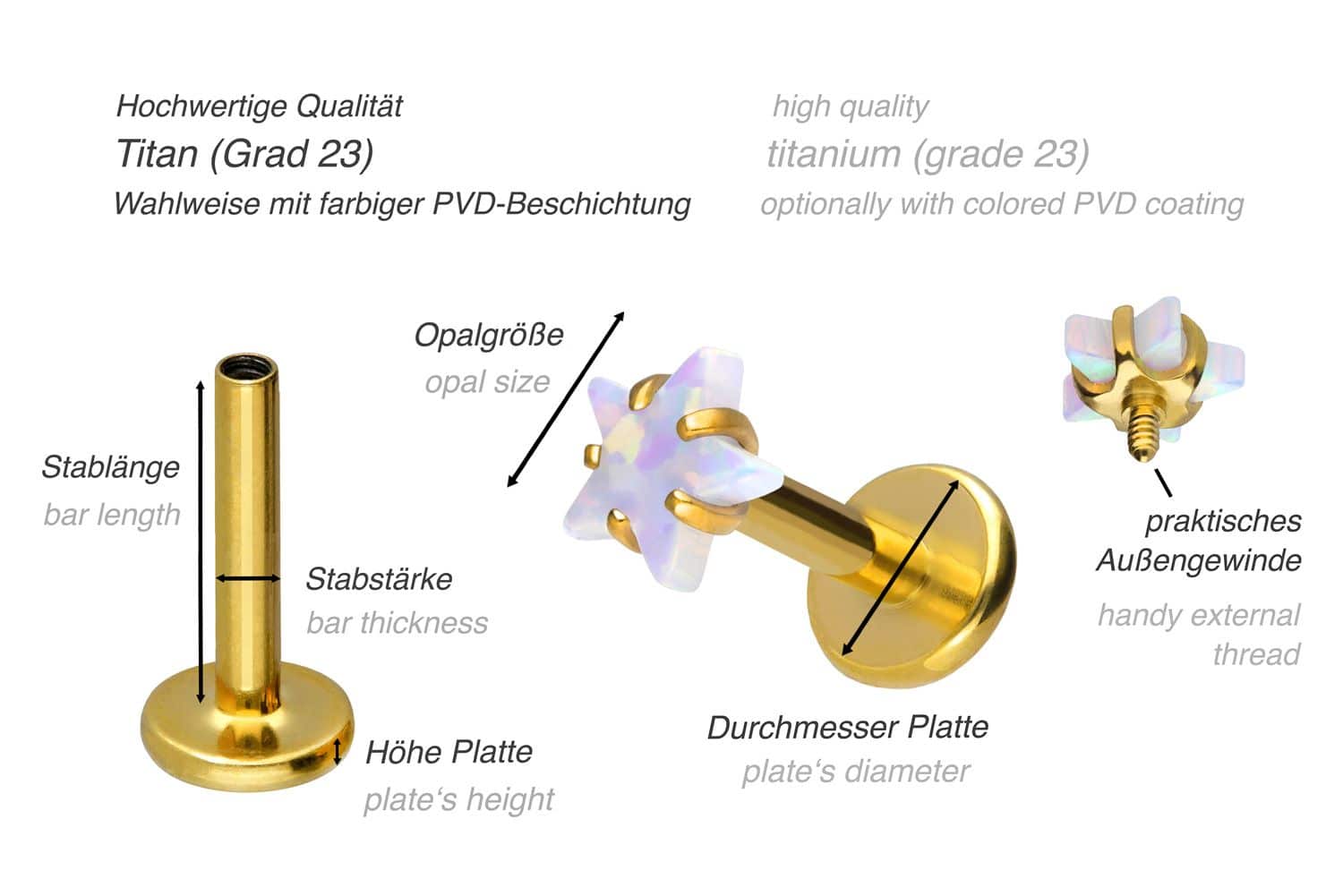 Titan Labret mit Innengewinde STERN + SYNTHETISCHER OPAL