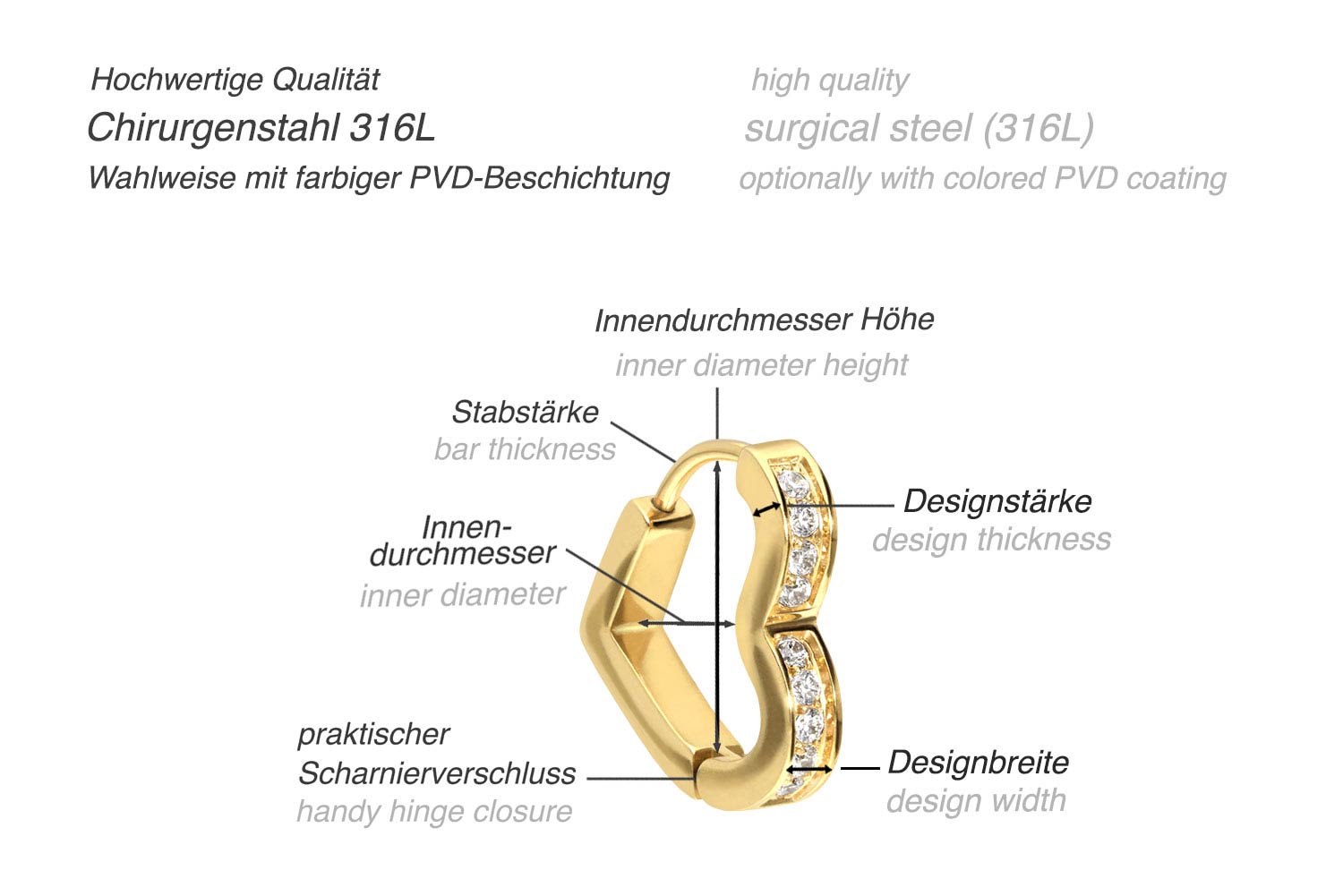 Chirurgenstahl Ohrclicker Creolen HERZ + EINGEFASSTE KRISTALLE