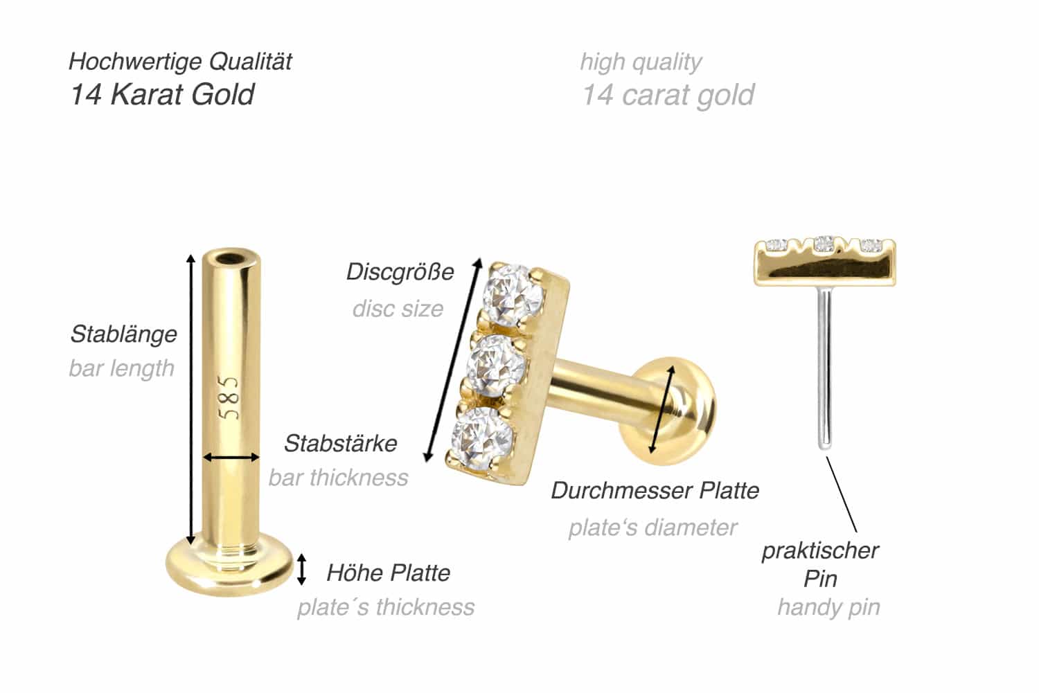 14 carat gold labret with push fit