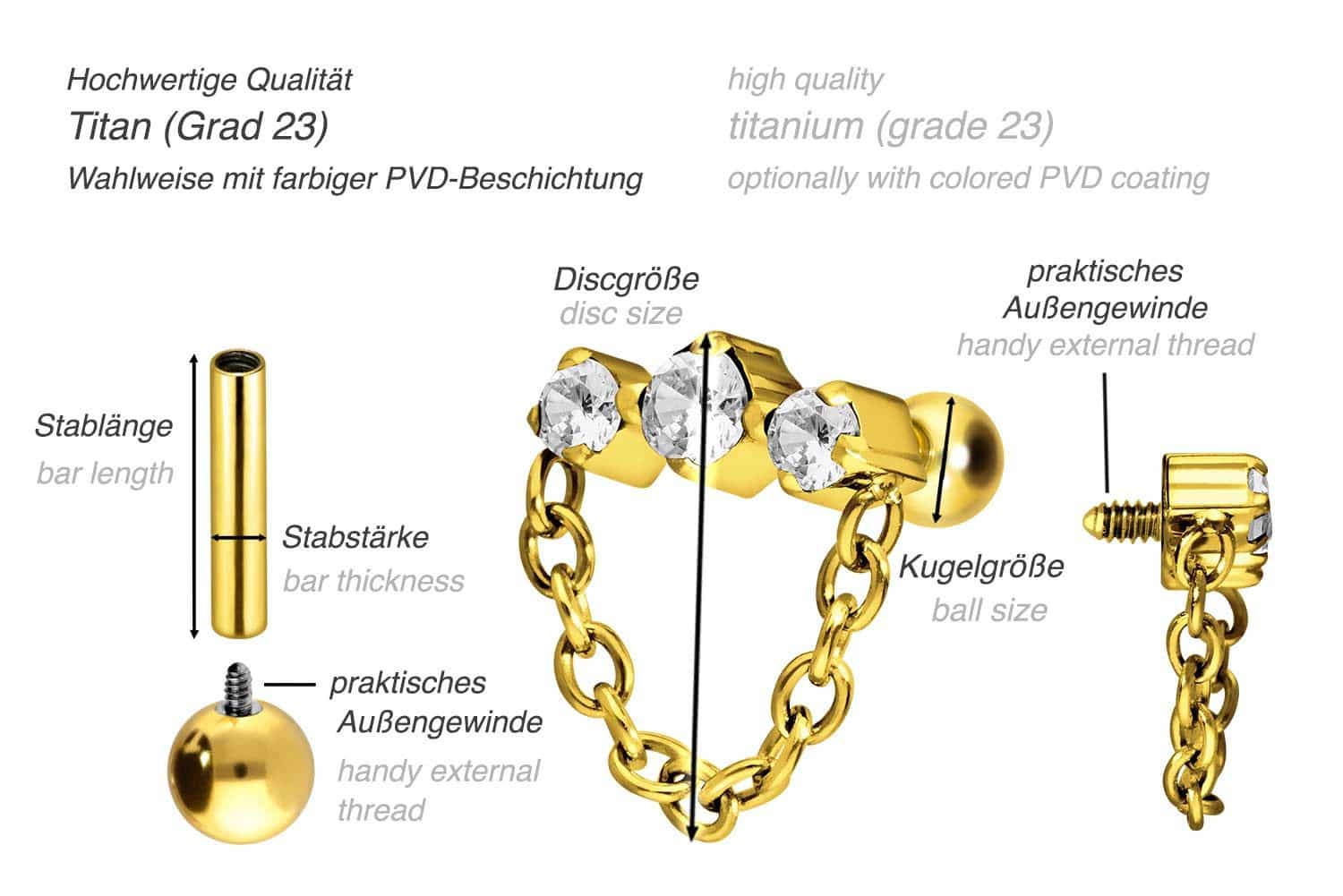 Titanium ear piercing with internal thread 3 SETTED CRYSTALS + CHAIN