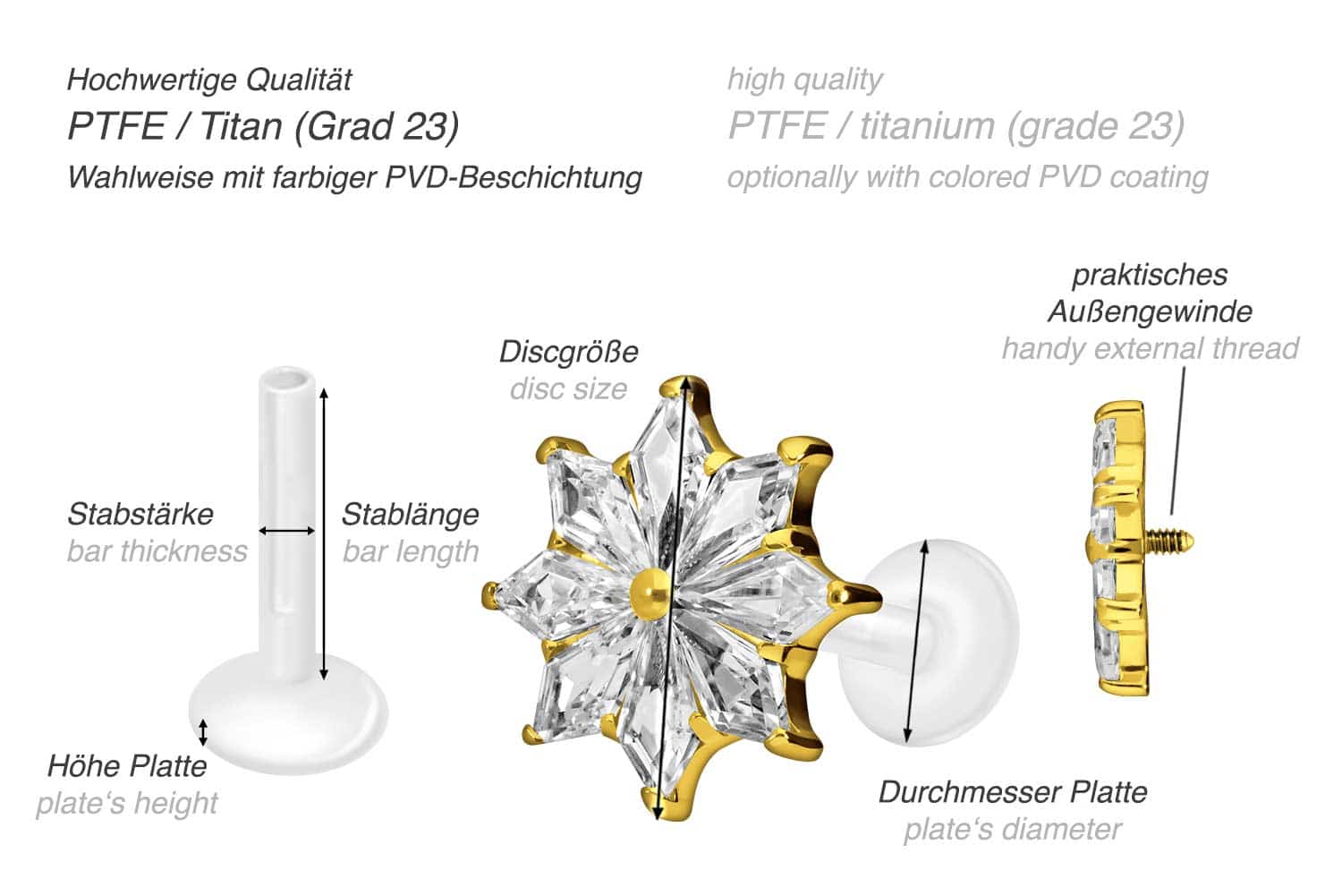 PTFE Labret mit Innengewinde + Titan-Aufsatz KRISTALLSTERN