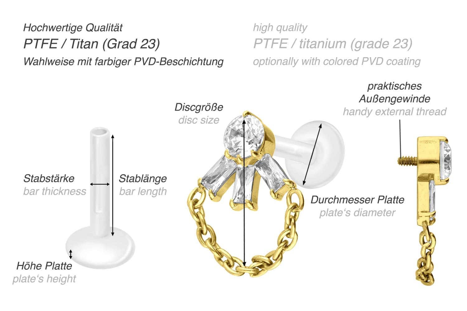 PTFE Labret mit Innengewinde + Titan-Aufsatz LOTUSBLÜTE + KETTE