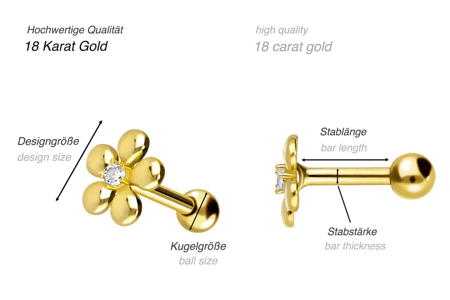 18 Karat Gold Ohrpiercing BLUME + KRISTALL