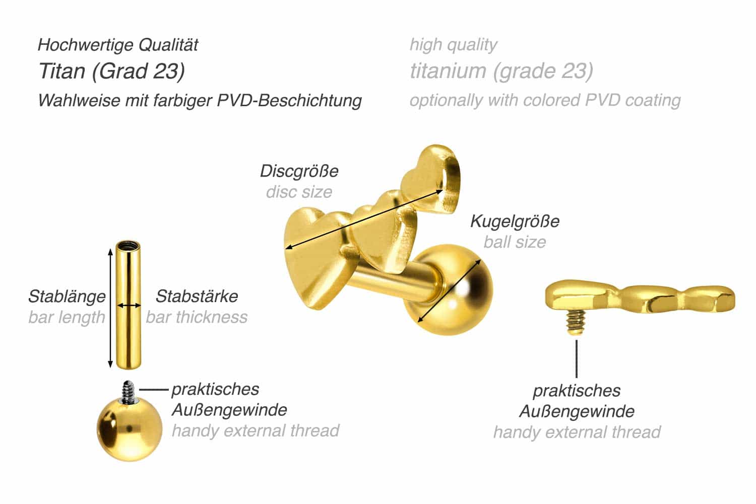 Titan Ohrpiercing mit Innengewinde 3 HERZEN