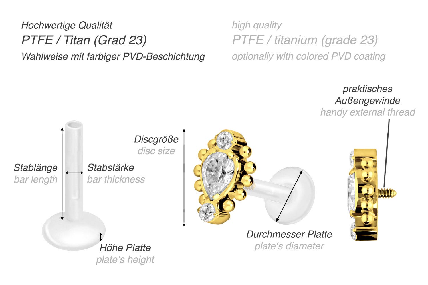 PTFE Labret mit Innengewinde + Titan-Aufsatz 3 EINGEFASSTE KRISTALLE + KUGELN