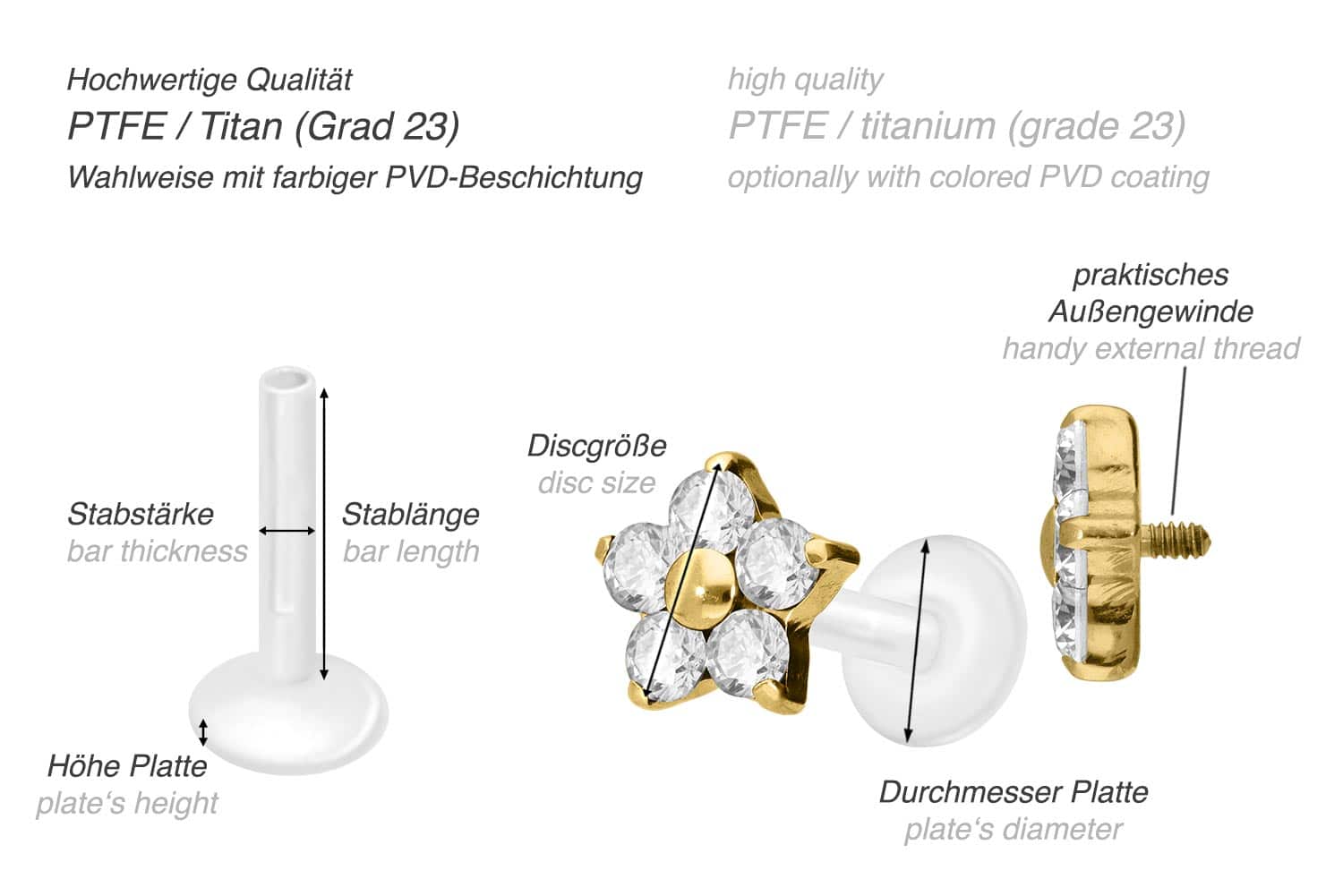 PTFE labret with internal thread + titanium attachment CRYSTAL FLOWER