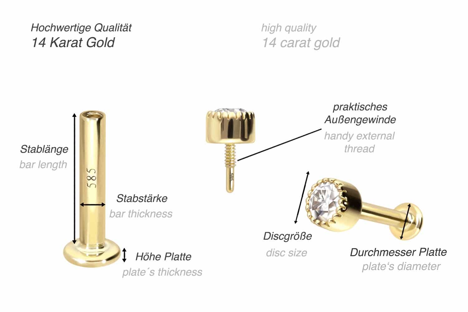 14 Karat Gold Labret mit Innengewinde MOISSANIT-DISC