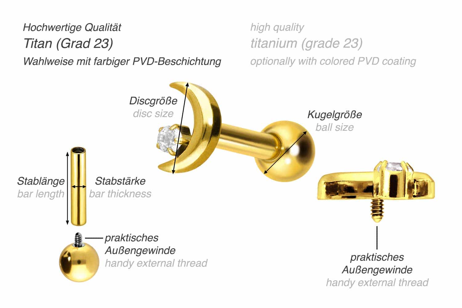 Titan Ohrpiercing mit Innengewinde MOND + KRISTALL