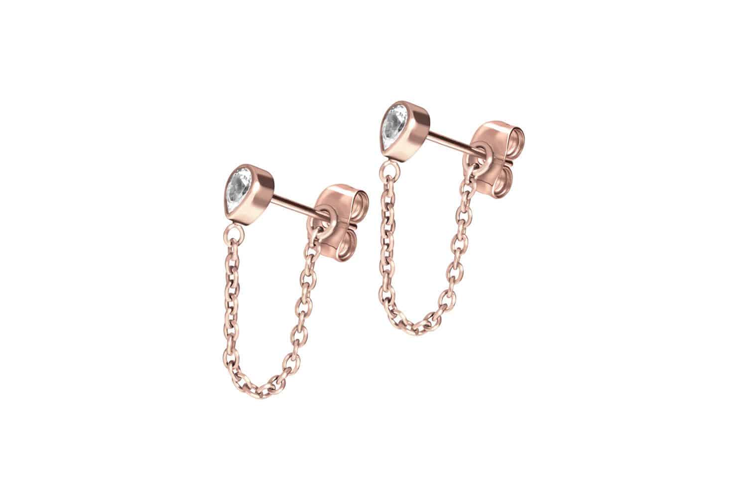 Titanium ear studs CRYSTAL DROP + CHAIN