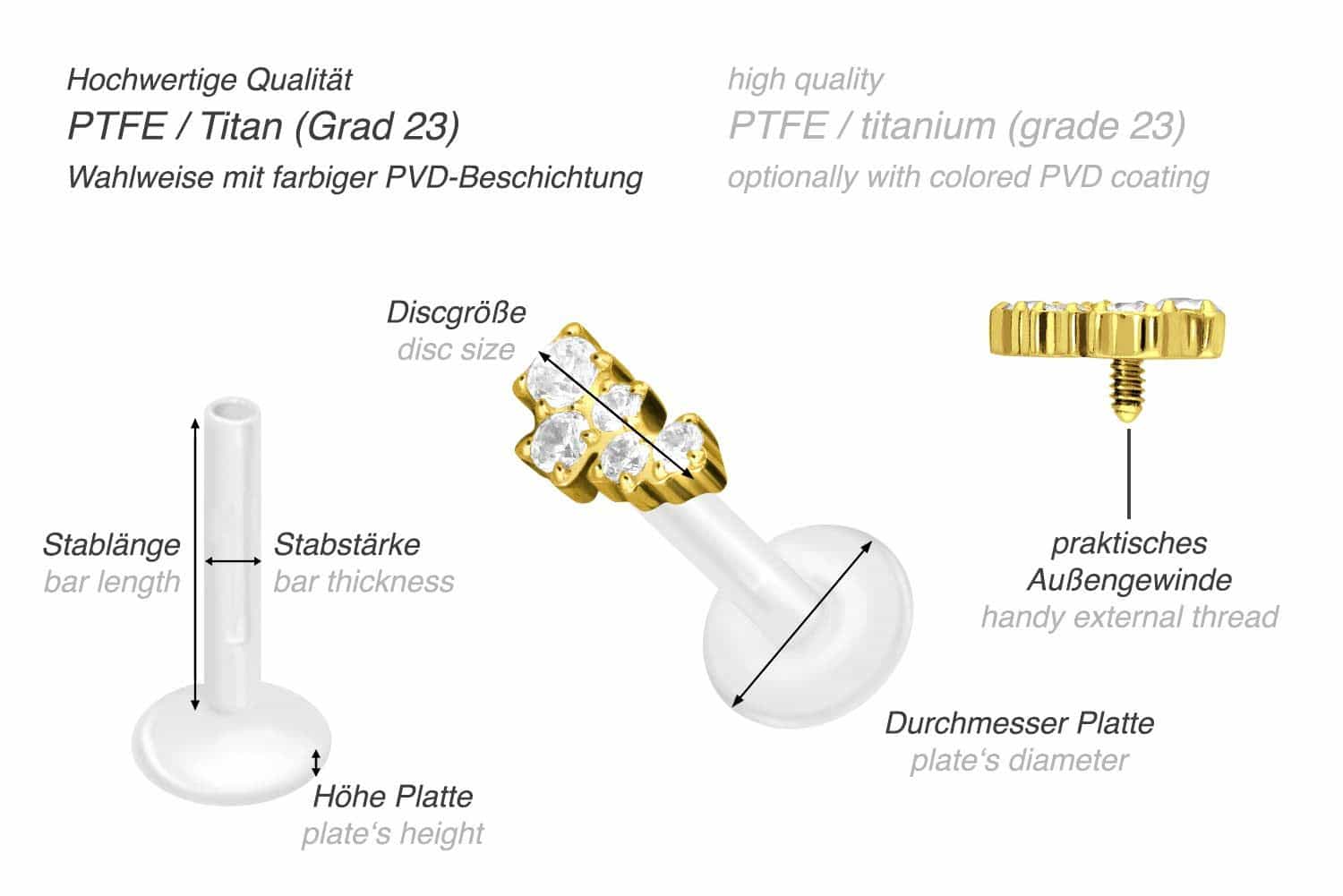 PTFE Labret mit Innengewinde + Titan-Aufsatz KRISTALLWOLKE