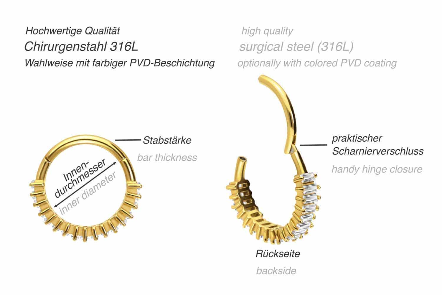 Surgical steel segment ring clicker SETTED CRYSTAL RECTANGLES