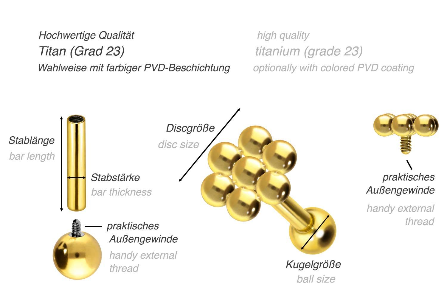 Titanium ear piercing with internal thread SPHERICAL HEXAGON