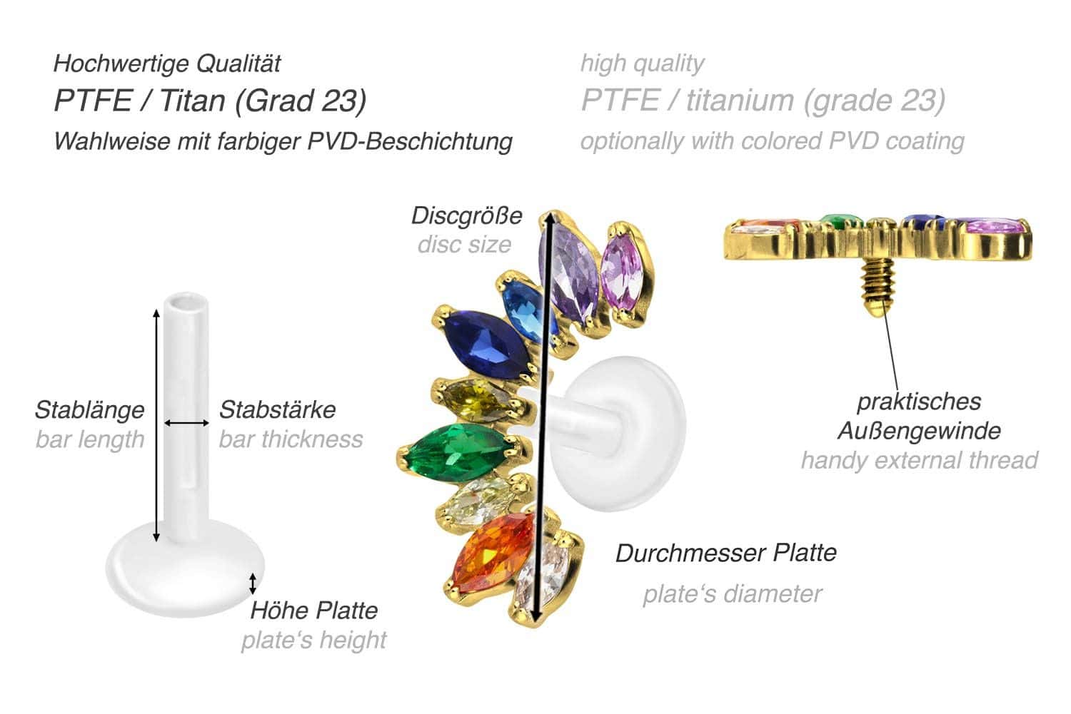 PTFE Labret mit Innengewinde + Titan-Aufsatz BUNTER KRISTALLBOGEN