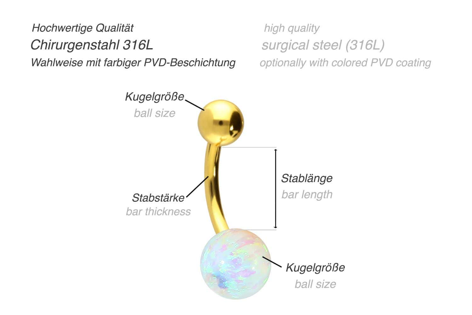 Surgical steel bananabell SYNTHETIC OPAL + SURGICAL STEEL BALL