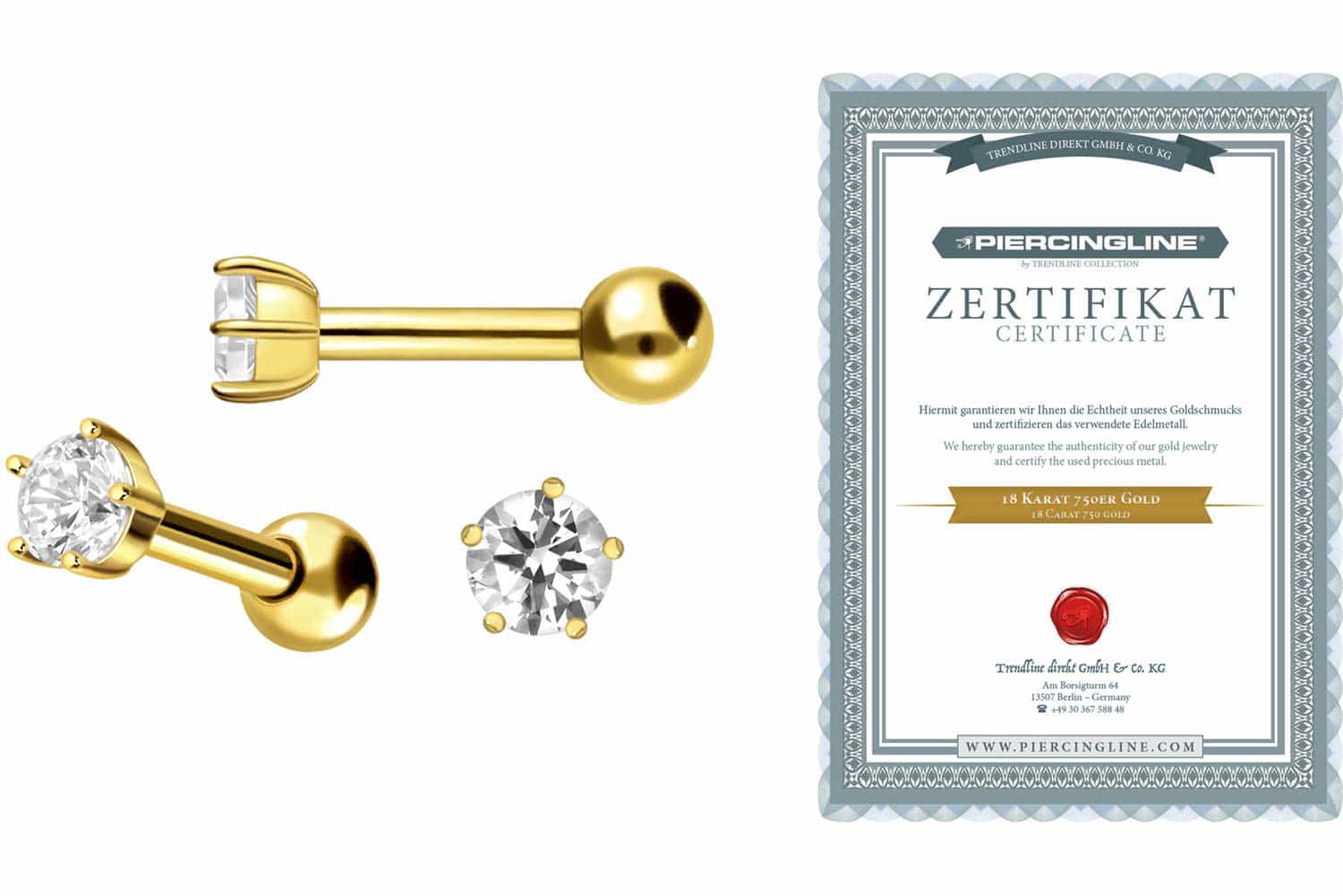 18 Karat Gold Ohrpiercing EINGEFASSTER KRISTALL