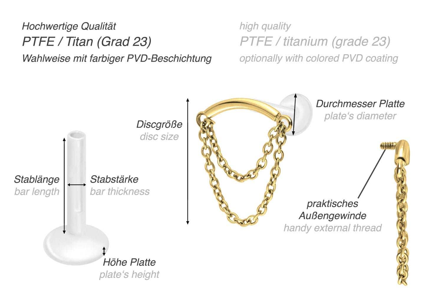 PTFE labret with internal thread + titanium attachment ARCH + 2 CHAINS