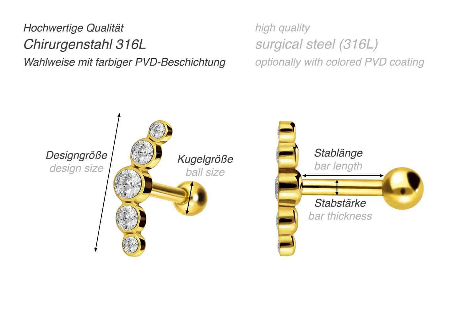 Chirurgenstahl Ohrpiercing 5 KRISTALLE