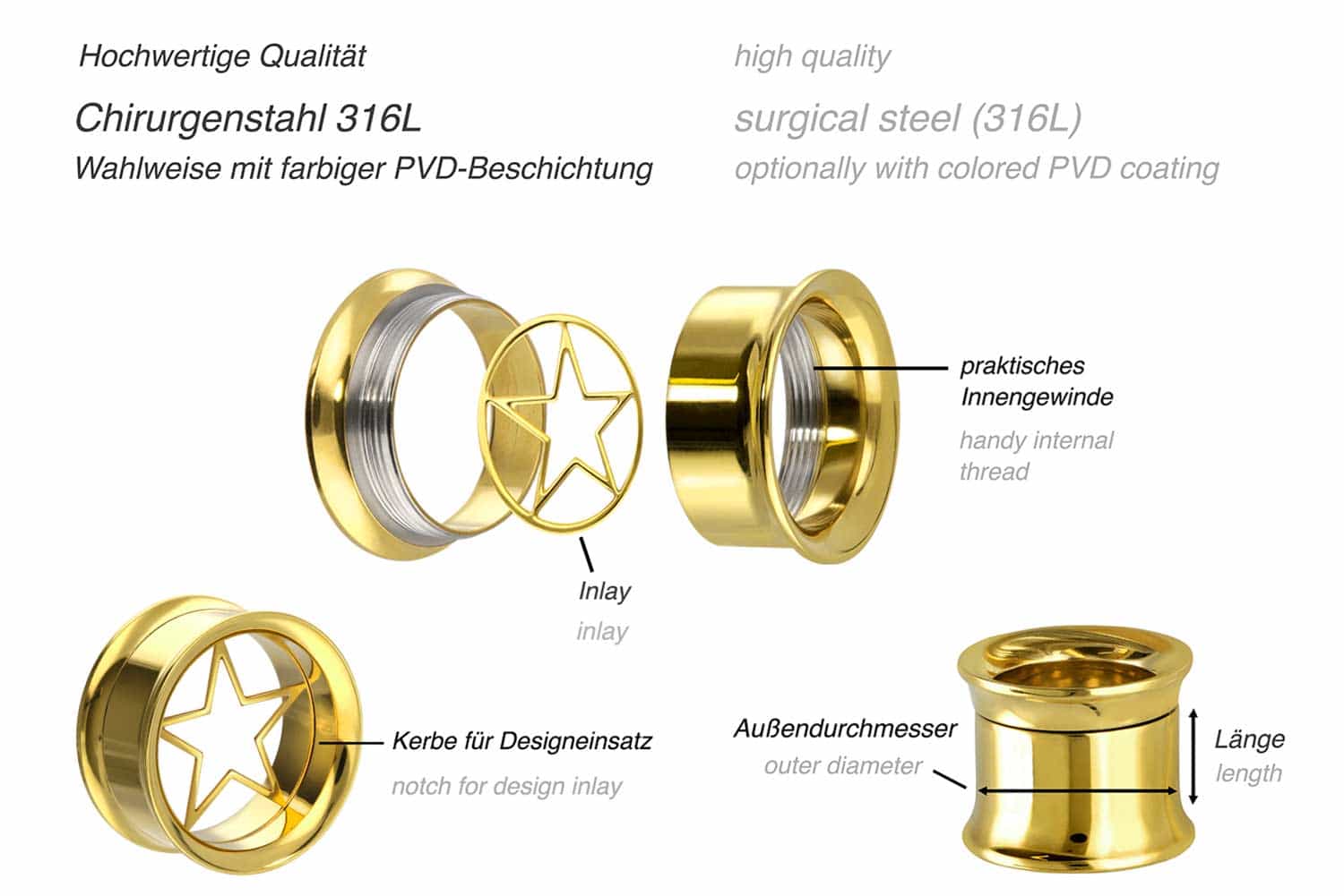 Chirurgenstahl BYO Double Flared Tunnel inkl. Einsatz STERN SILHOUETTE ++SALE++