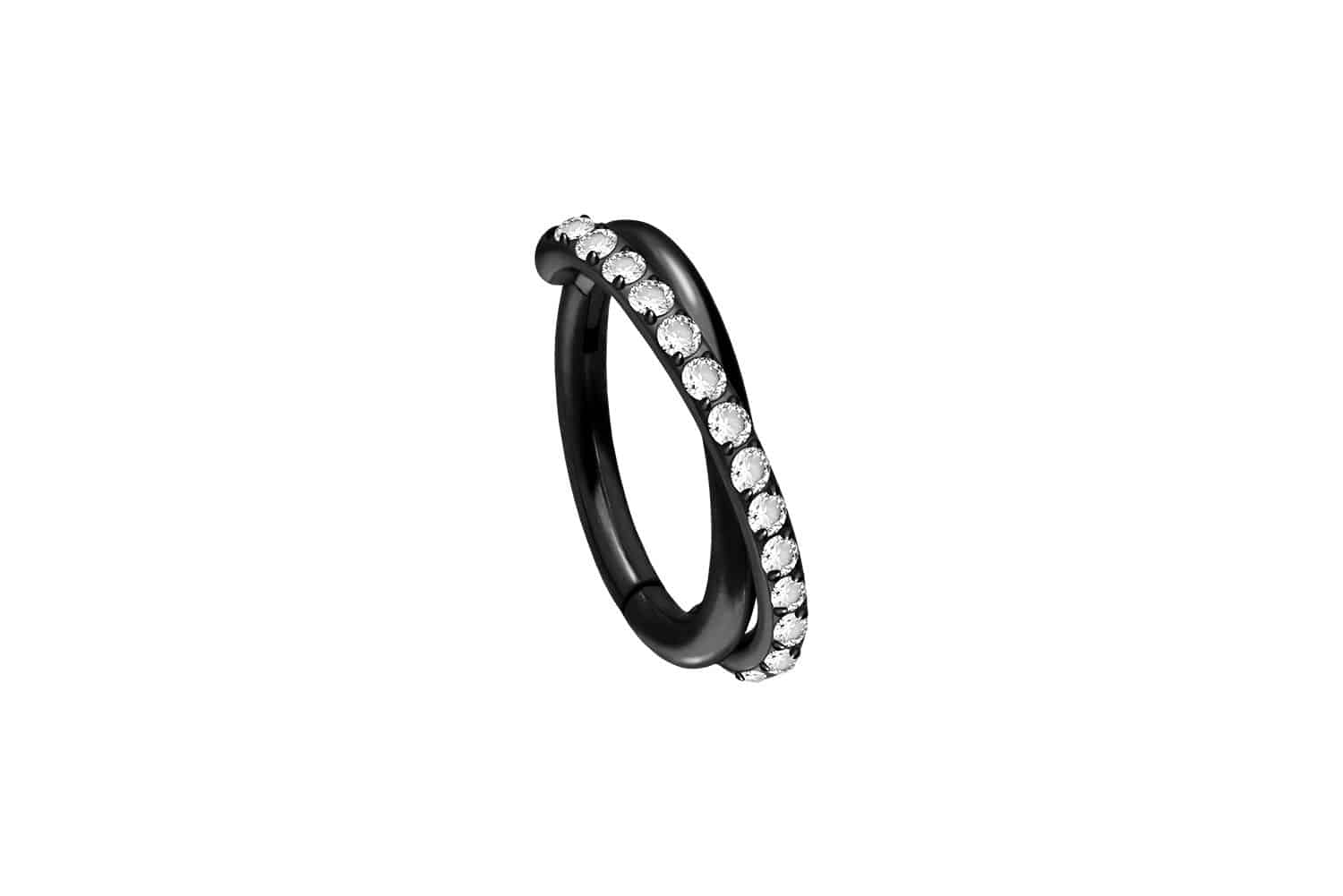 Titanium segment ring clicker 2 CROSSED RINGS + SETTED CRYSTALS