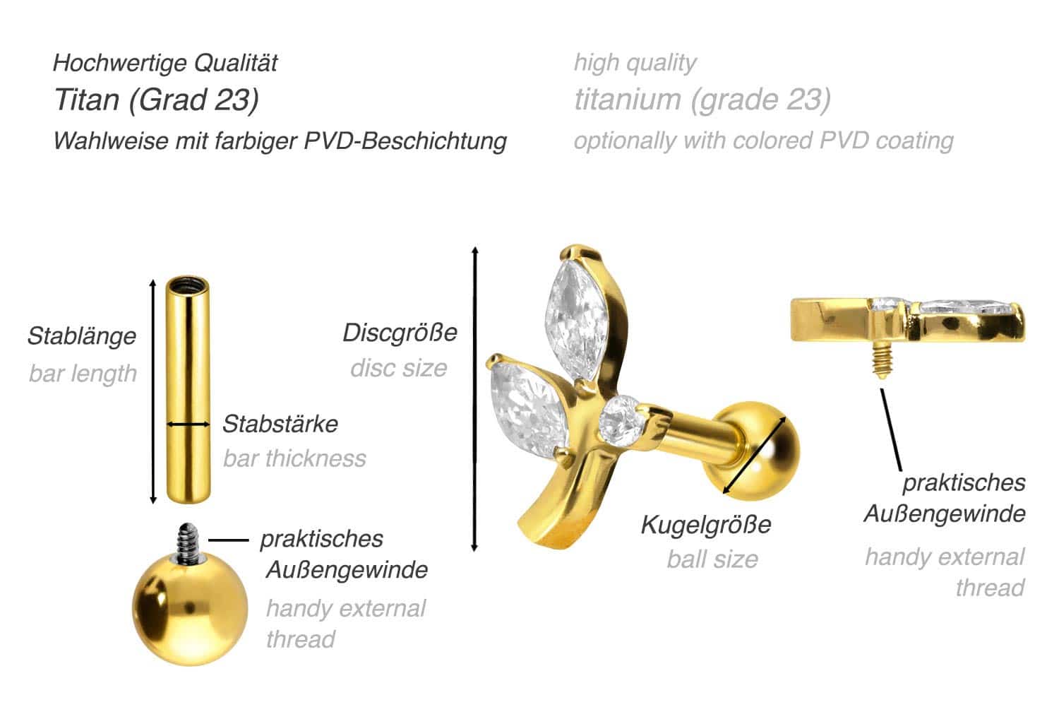 Titan Ohrpiercing mit Innengewinde KRISTALLZWEIG