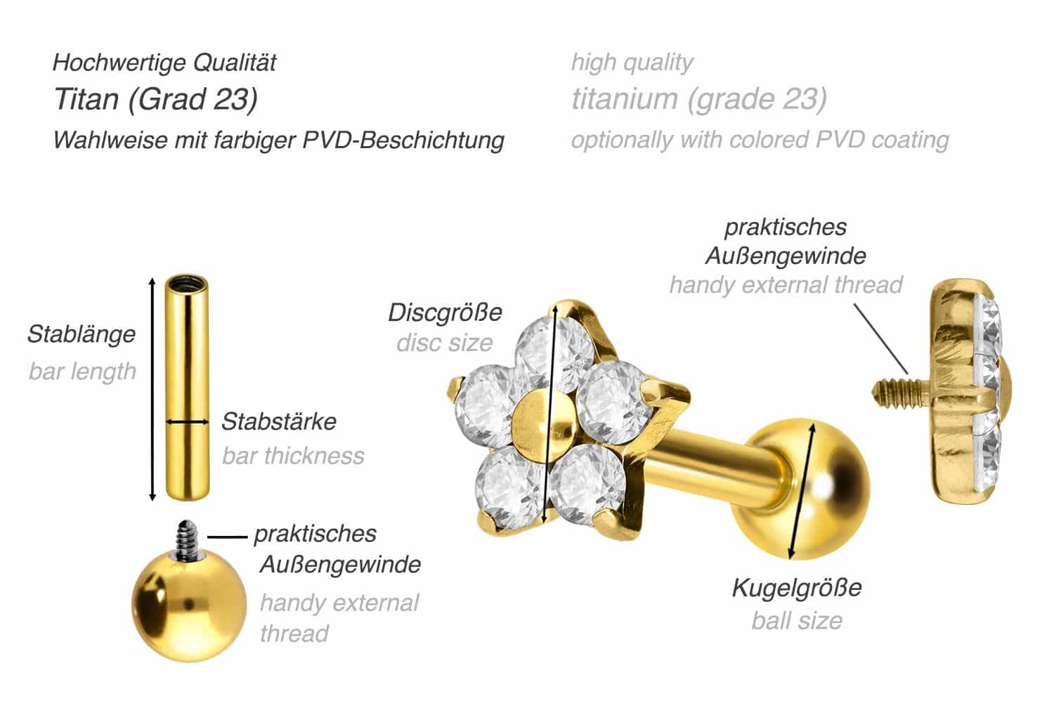 Titan Ohrpiercing mit Innengewinde KRISTALLBLUME