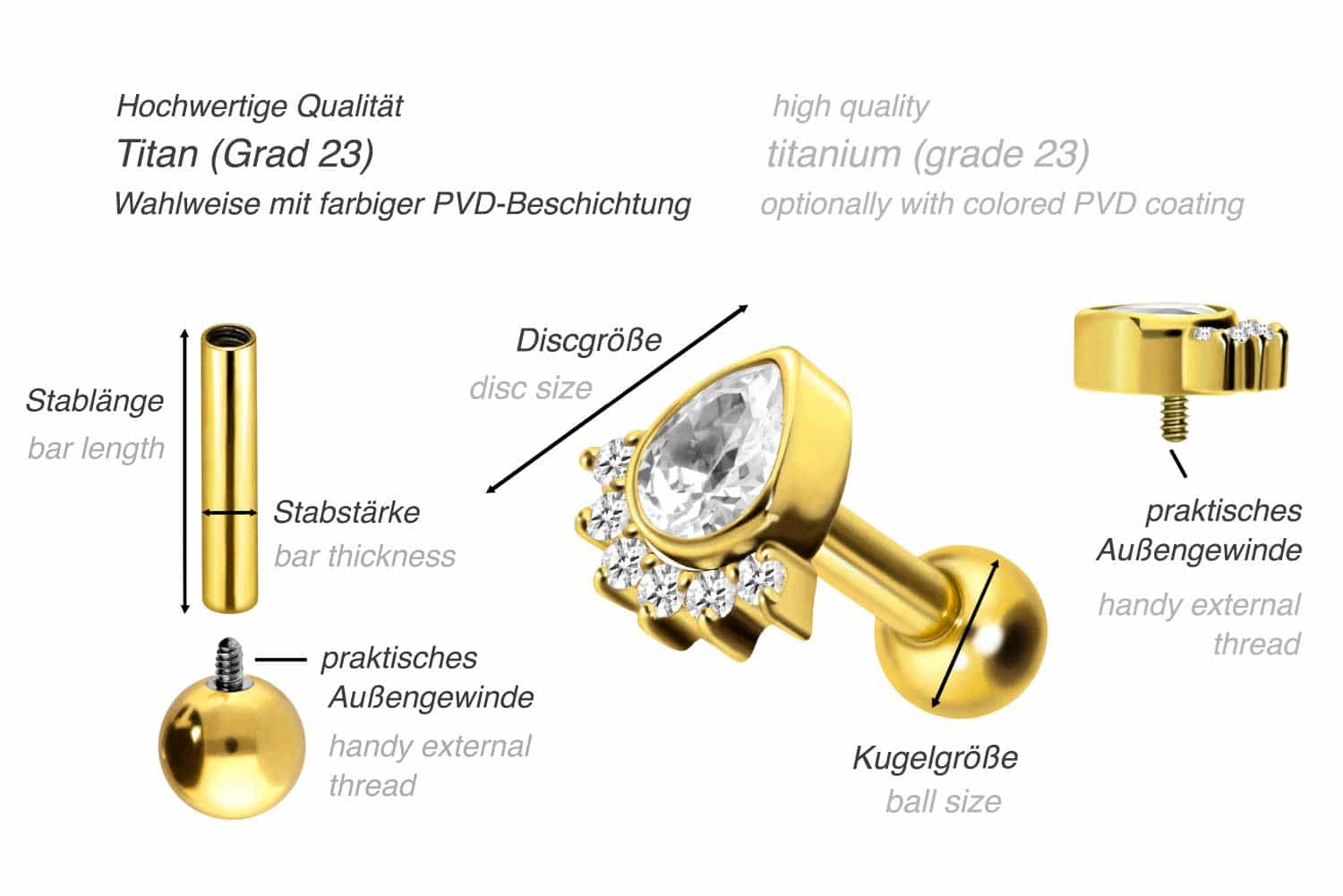 Titan Ohrpiercing mit Innengewinde KRISTALLTROPFEN + 6 KRISTALLE