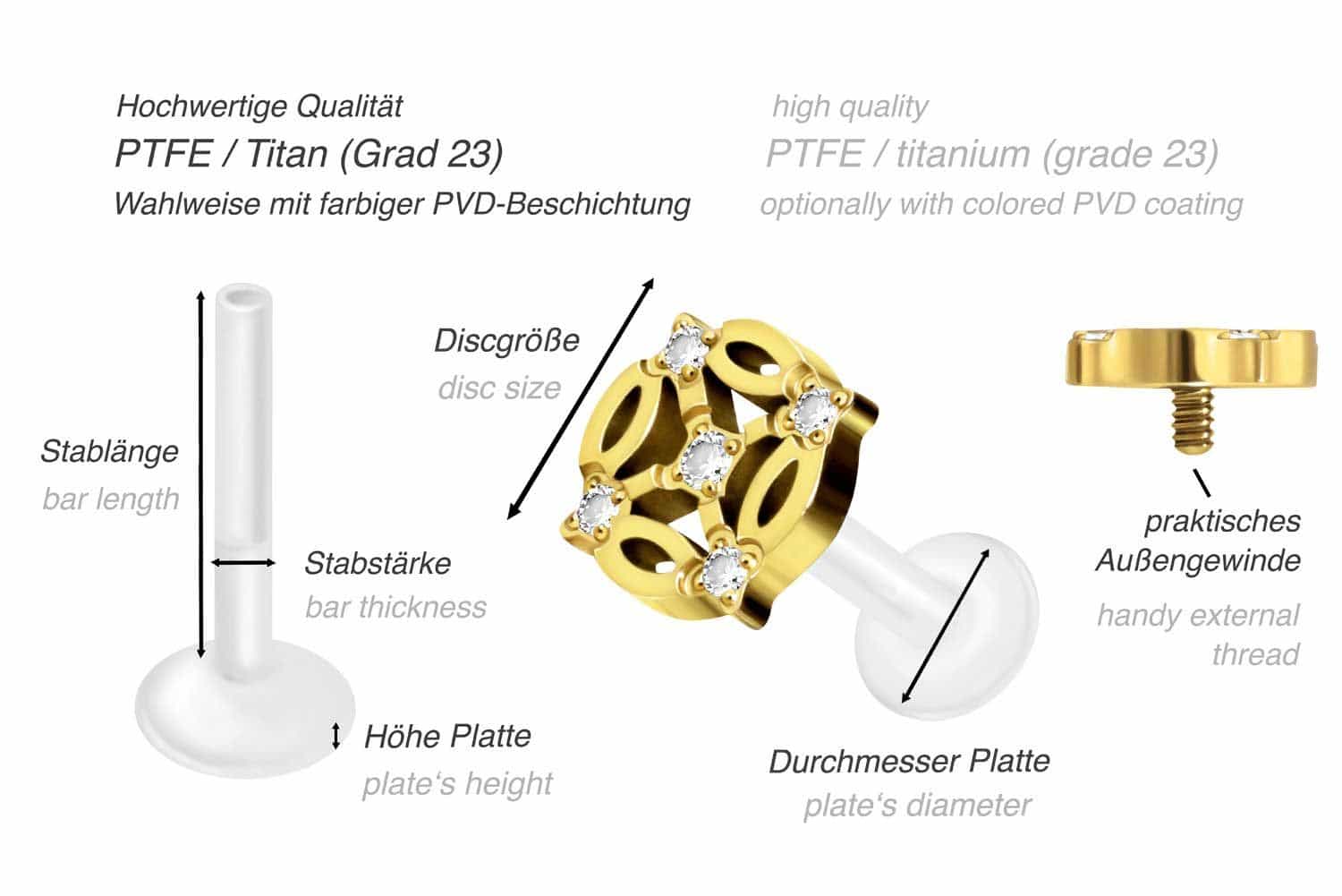 PTFE Labret mit Innengewinde + Titan-Aufsatz ORIENTALISCHES DESIGN