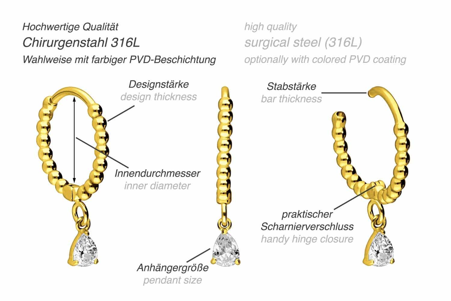 Chirurgenstahl Ohrclicker Creolen KUGELN + KRISTALLTROPFEN