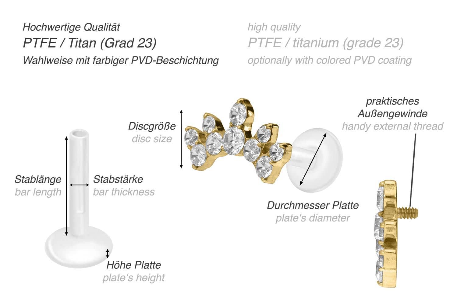 PTFE Labret mit Innengewinde + Titan-Aufsatz KRISTALLBOGEN