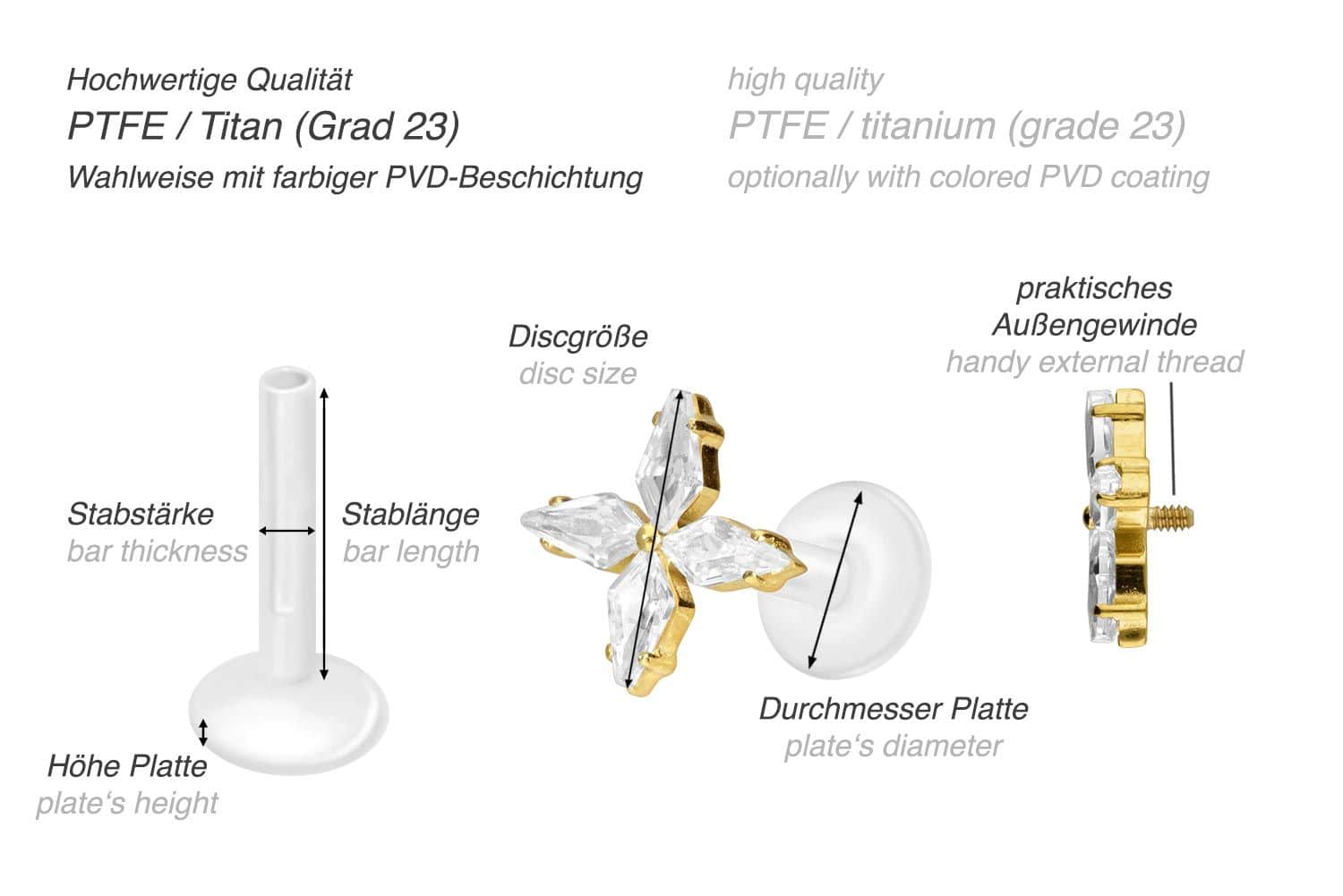 PTFE labret with internal thread + titanium attachment CRYSTAL STAR