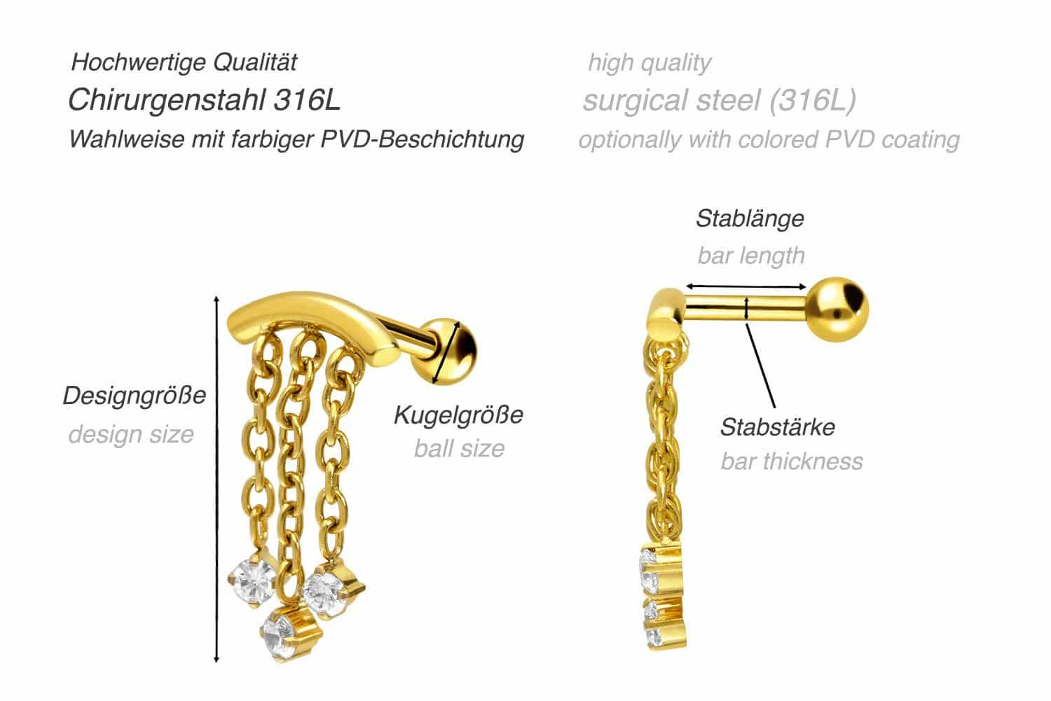 Chirurgenstahl Ohrpiercing BOGEN + 3 KETTEN + 3 KRISTALLE