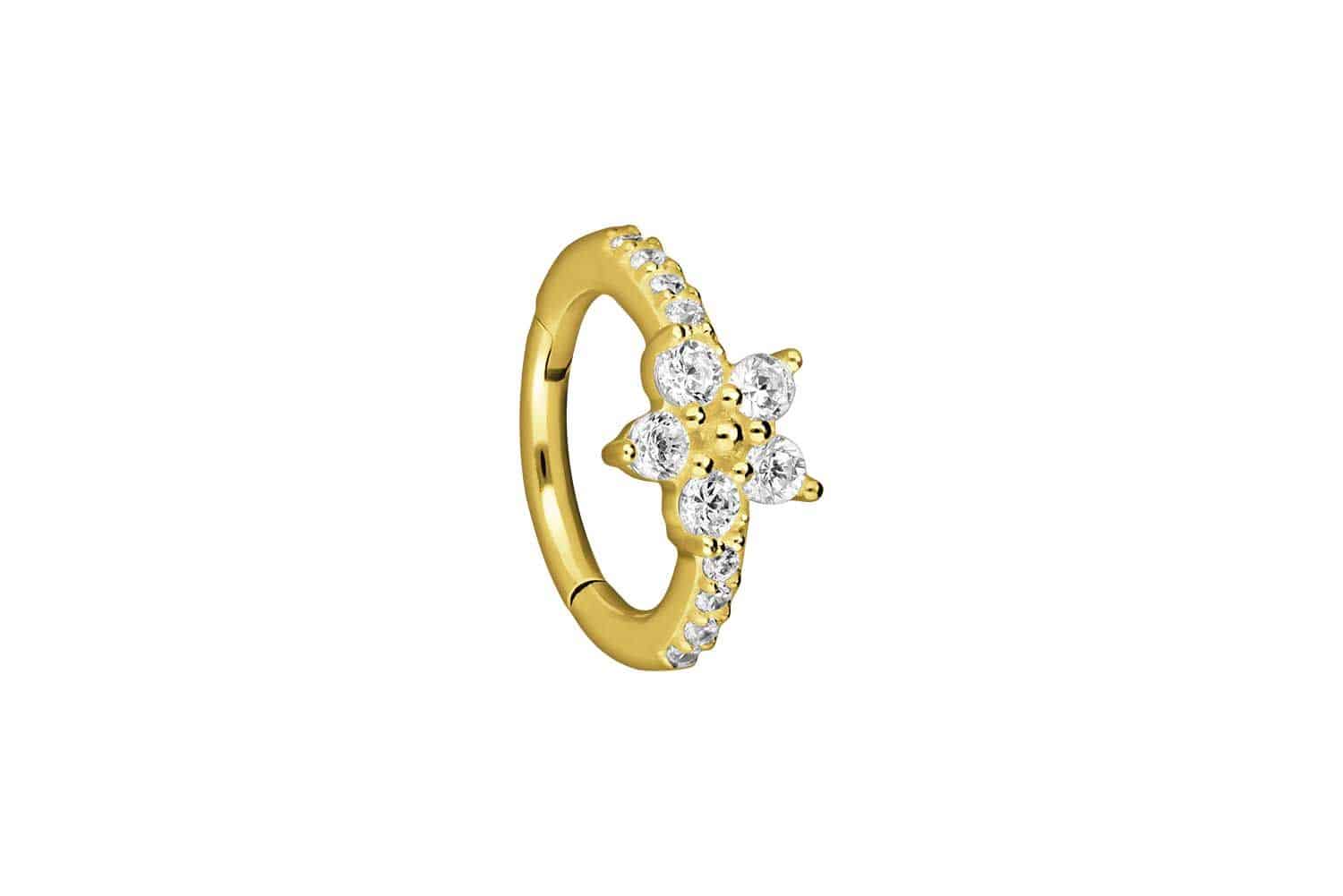 18 carat gold segment ring clicker CRYSTAL FLOWER + SETTED CRYSTALS