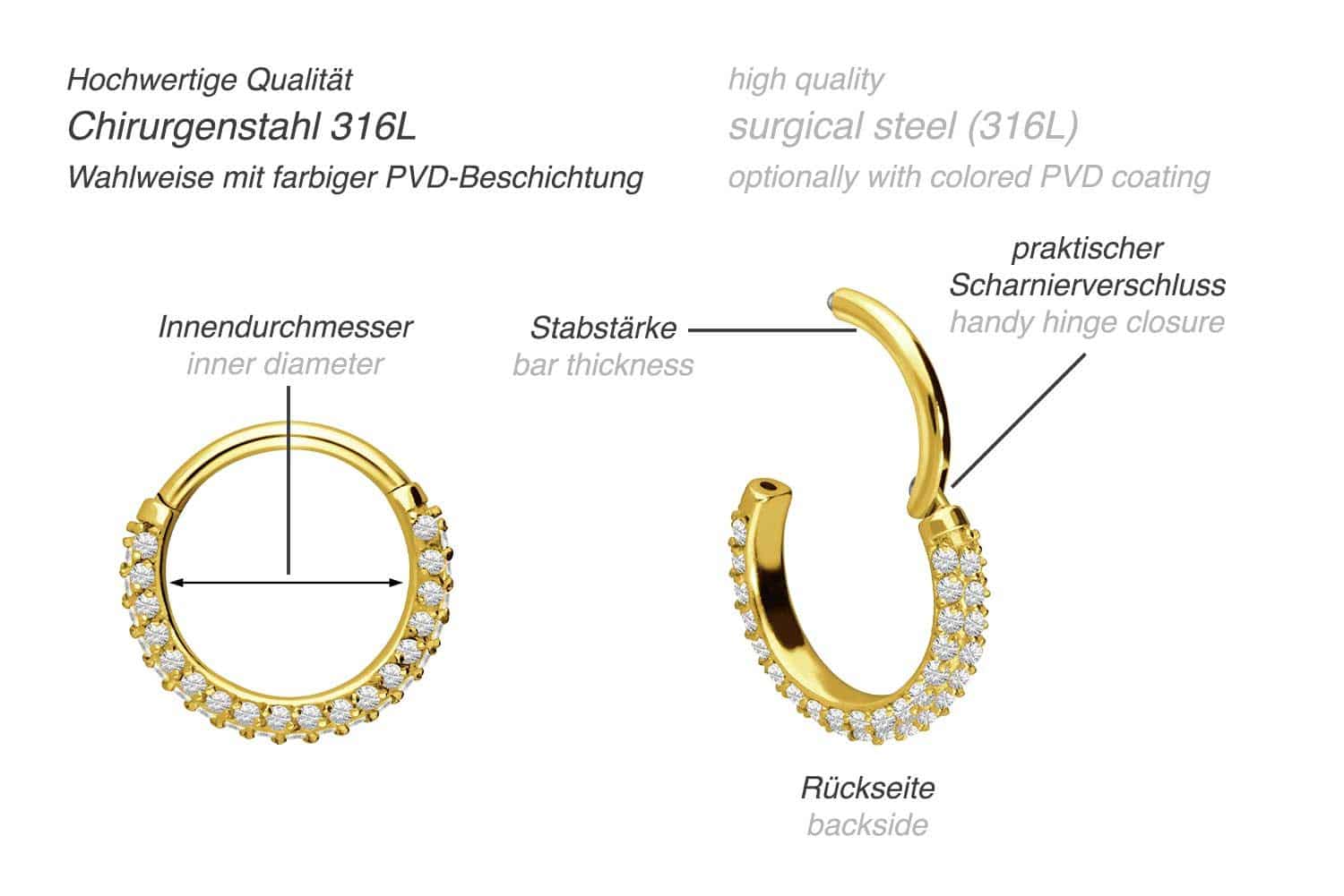 Chirurgenstahl Segmentring Clicker KRISTALLRAND