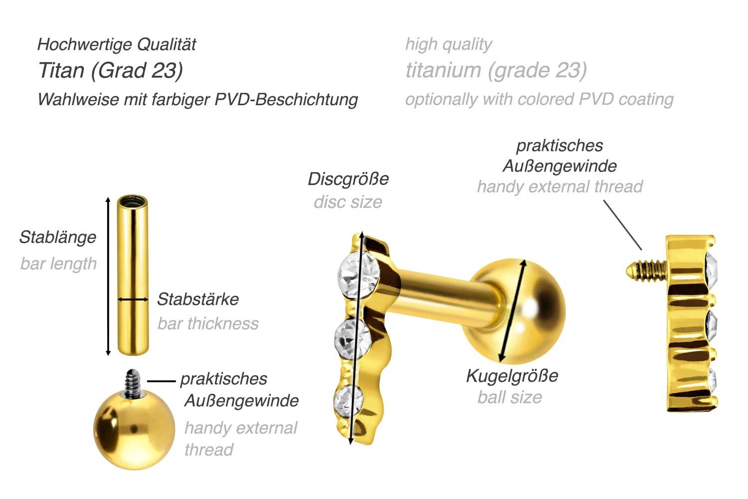 Titanium ear piercing with internal thread 3 CRYSTALS