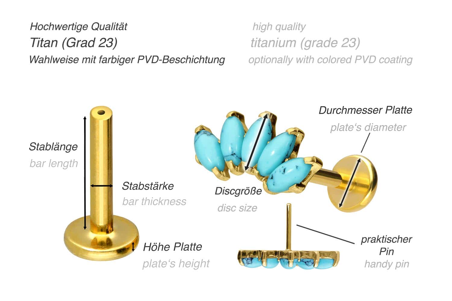 Titanium labret with push fit ARCH + SYNTHETIC TURQUOISES