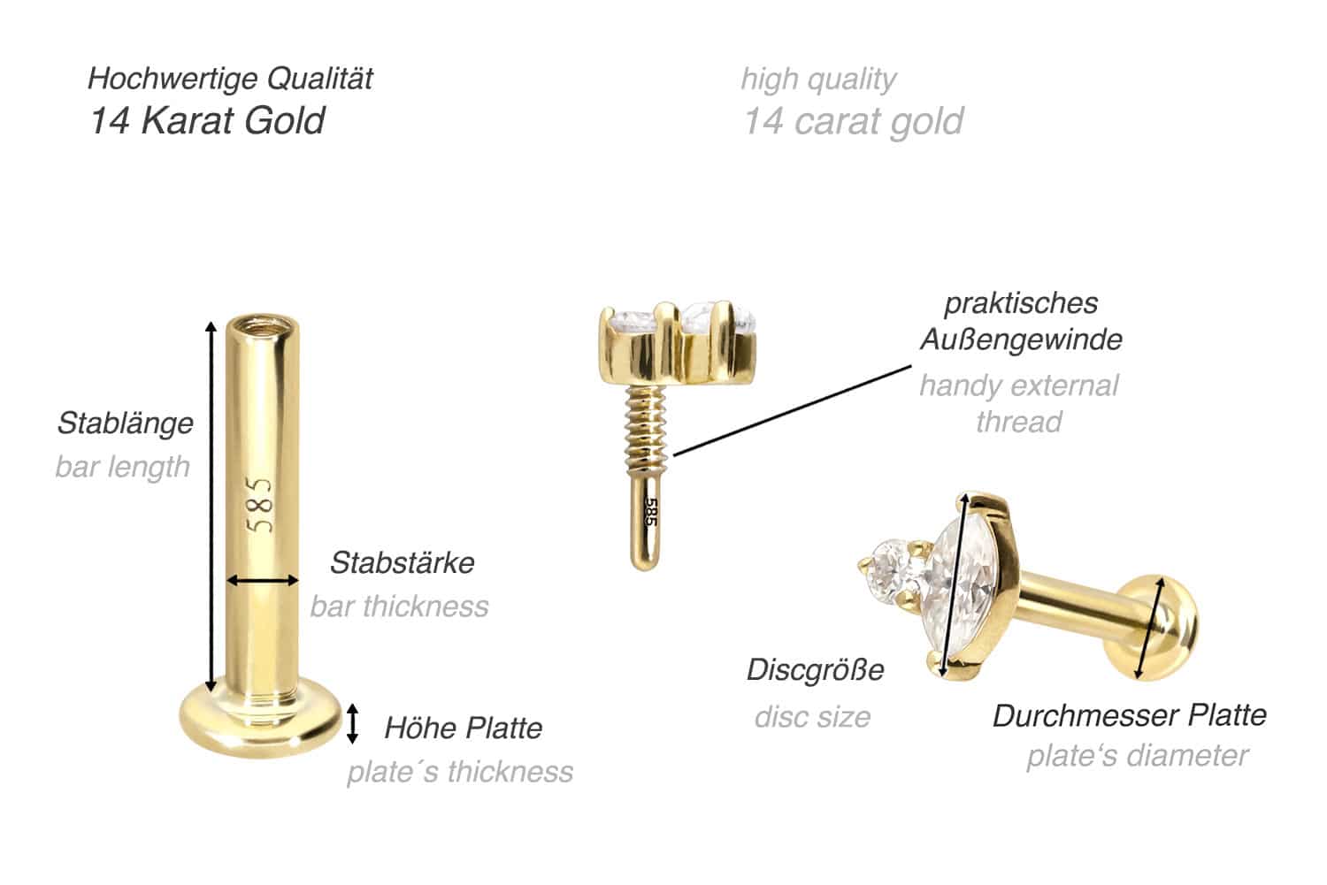 14 Karat Gold Labret mit Innengewinde MOISSANIT-DESIGN