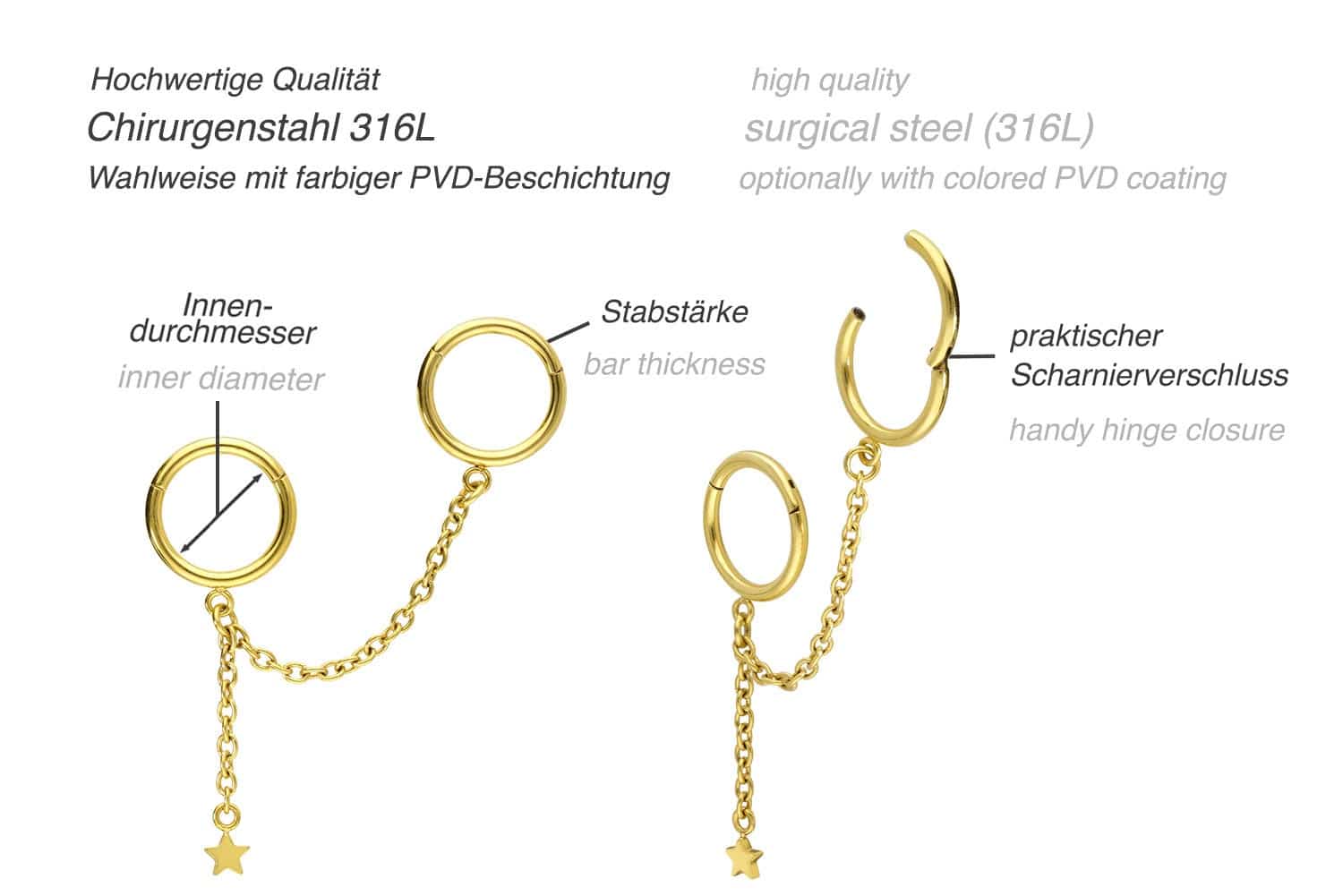 Chirurgenstahl Segmentring Clicker 2 RINGE + KETTE + STERN