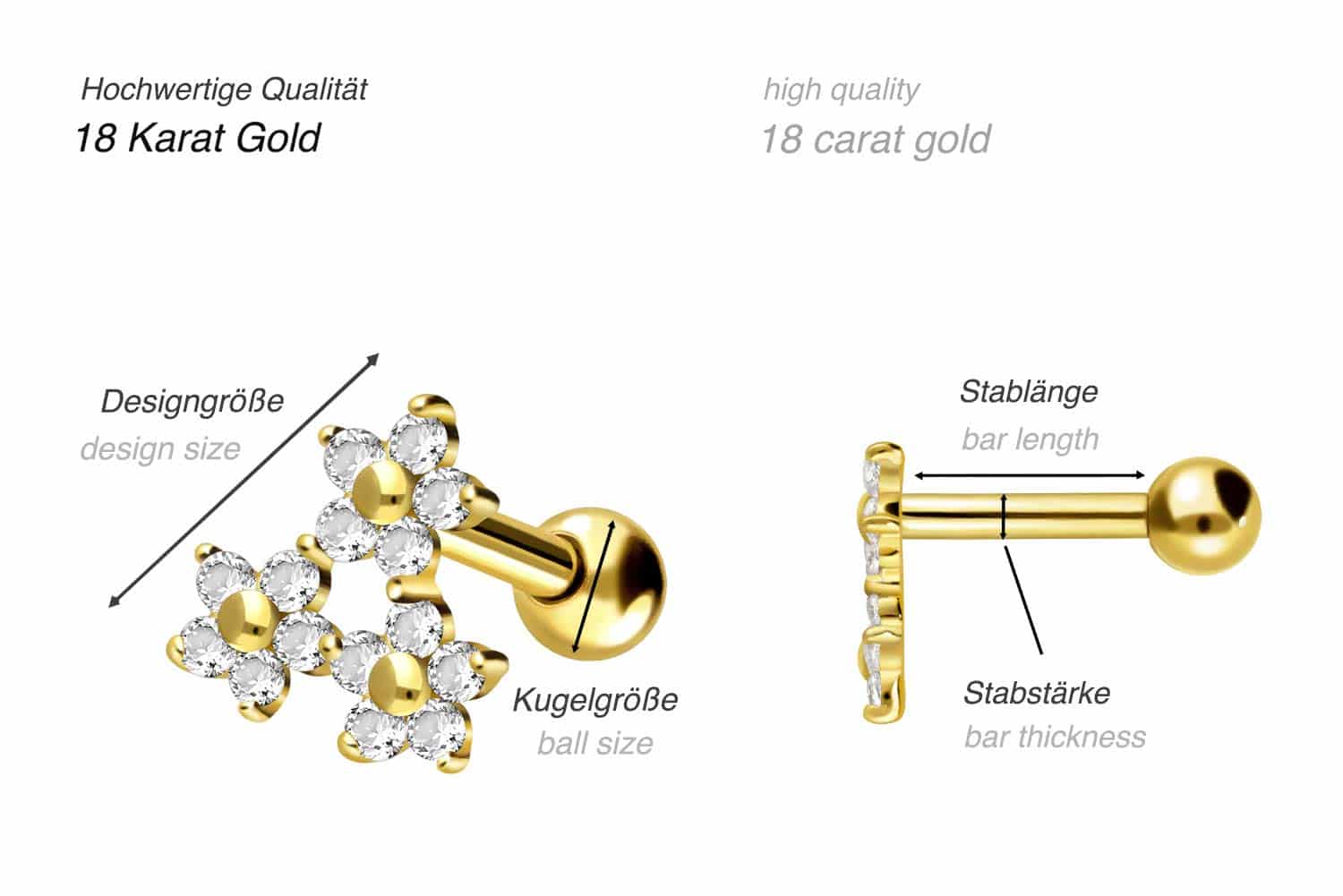 18 Karat Gold Ohrpiercing 3 KRISTALLBLUMEN