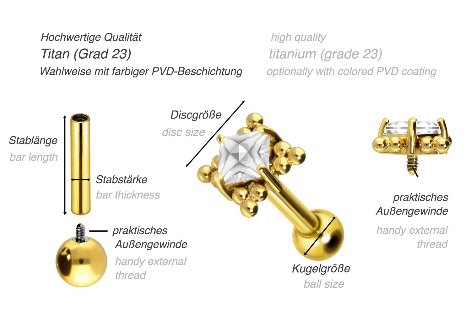 Titan Ohrpiercing mit Innengewinde KRISTALL + KUGELDREIECKE