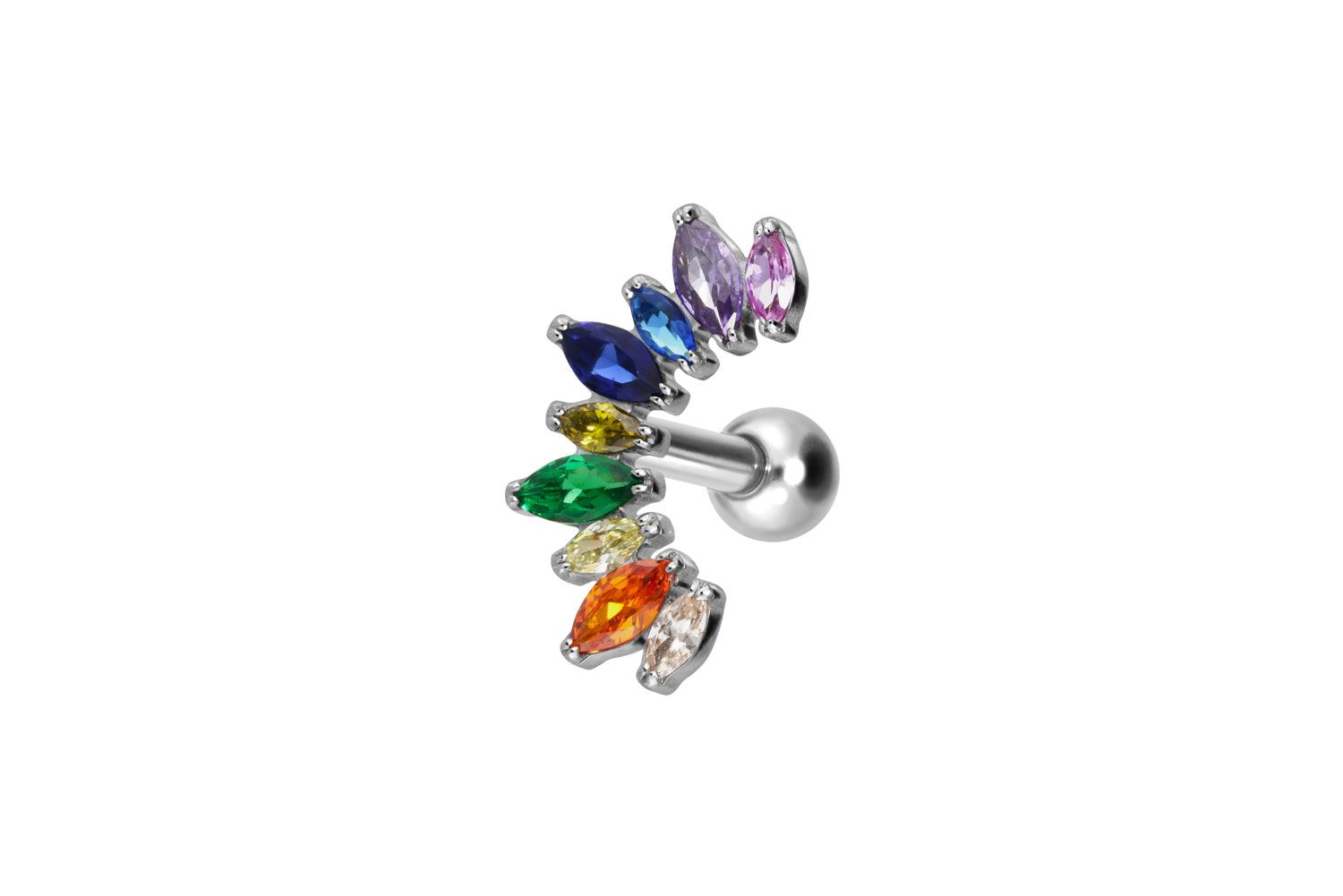 Titanium ear piercing with internal thread MULTICOLORED CRYSTAL ARCH