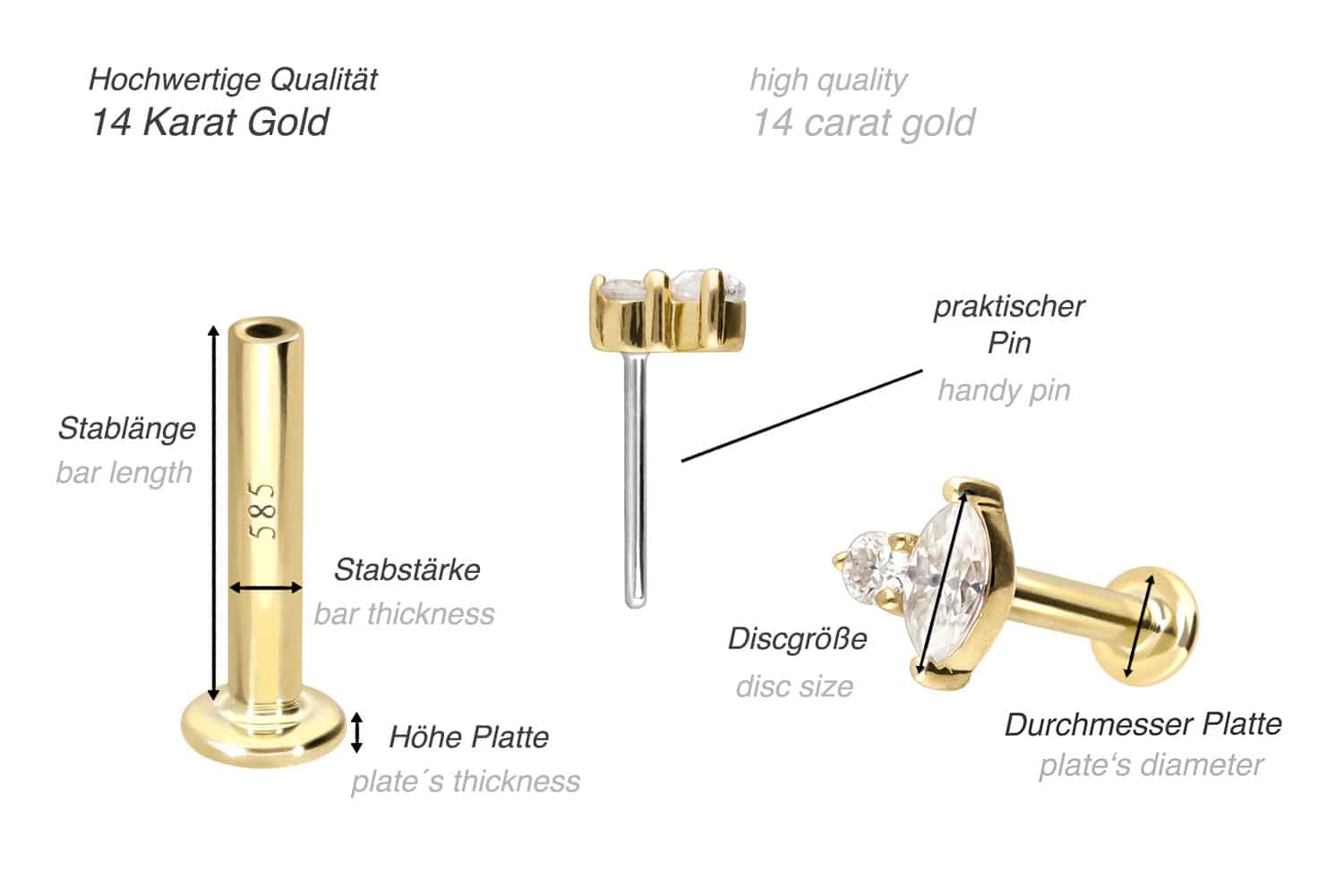 14 Karat Gold Labret mit Push Fit MOISSANIT-DESIGN