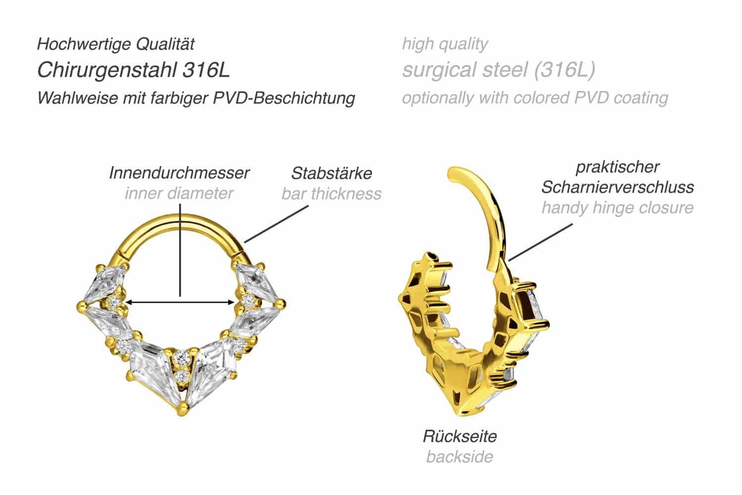 Chirurgenstahl Segmentring Clicker EINGEFASSTE KRISTALLE