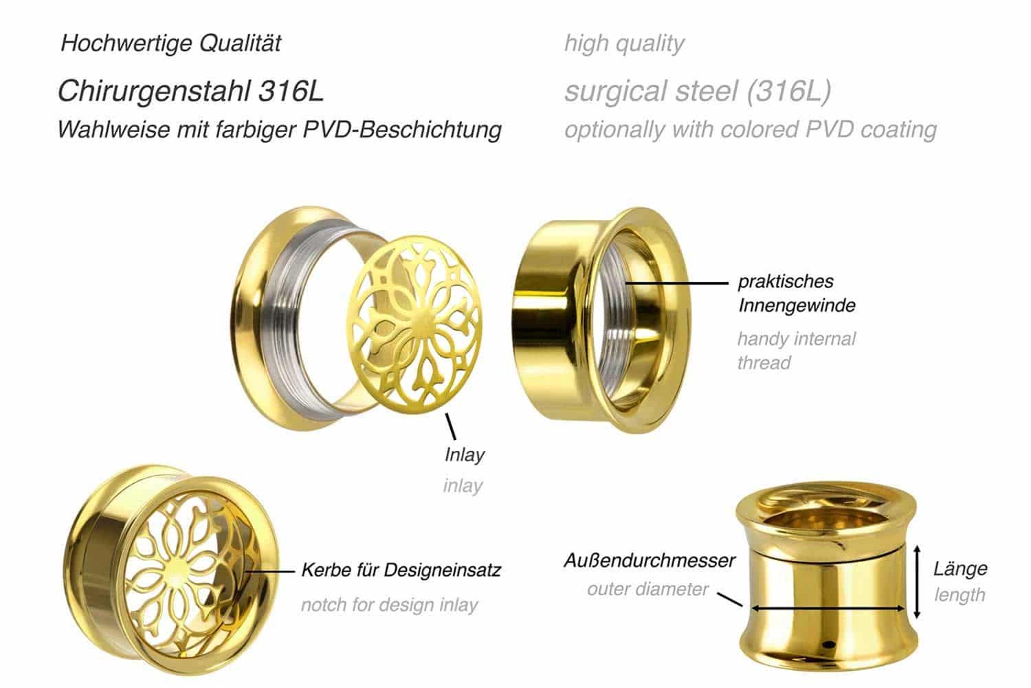 Surgical steel BYO double flared tunnel incl. inlay MANDALA ++SALE++